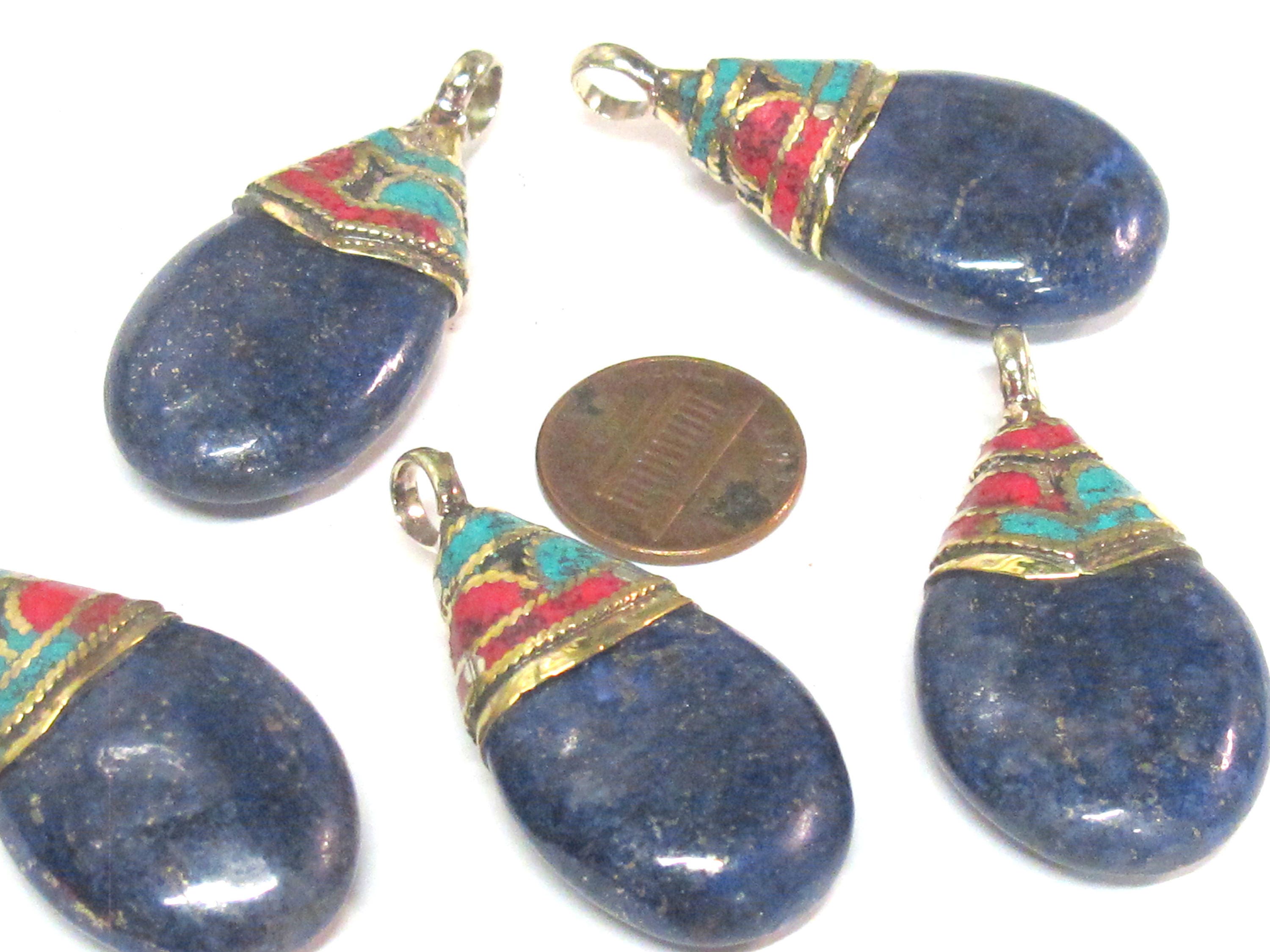 1 Pendant - Beautiful Ethnic Nepal Tibetan lapis drop pendant with brass bail turquoise inlay -- PM579