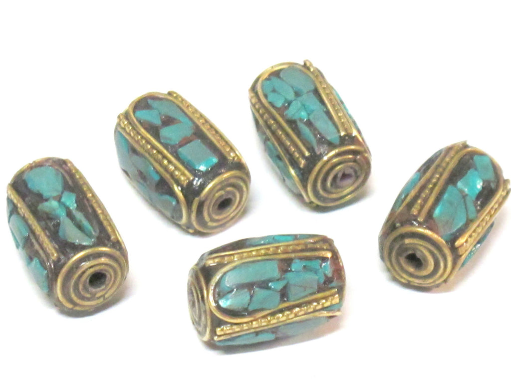1 Bead - long thick cuboid shape Tibetan brass beads with moasic turquoise inlay 18 - 19 mm long - BD971