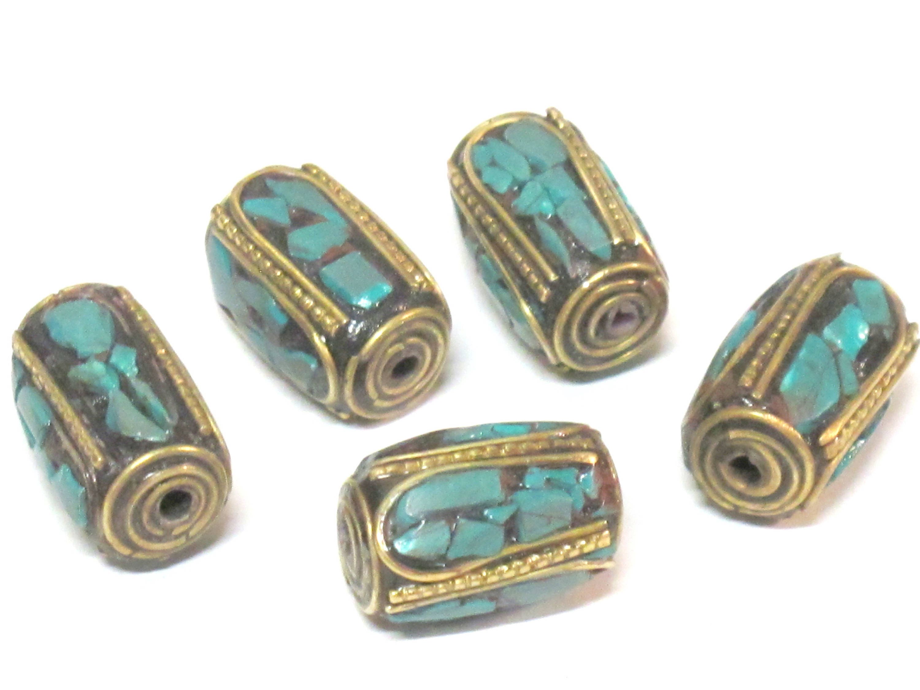 1 Bead - long thick cuboid shape Tibetan brass beads with moasic turquoise inlay 18 - 19 mm long - BD971