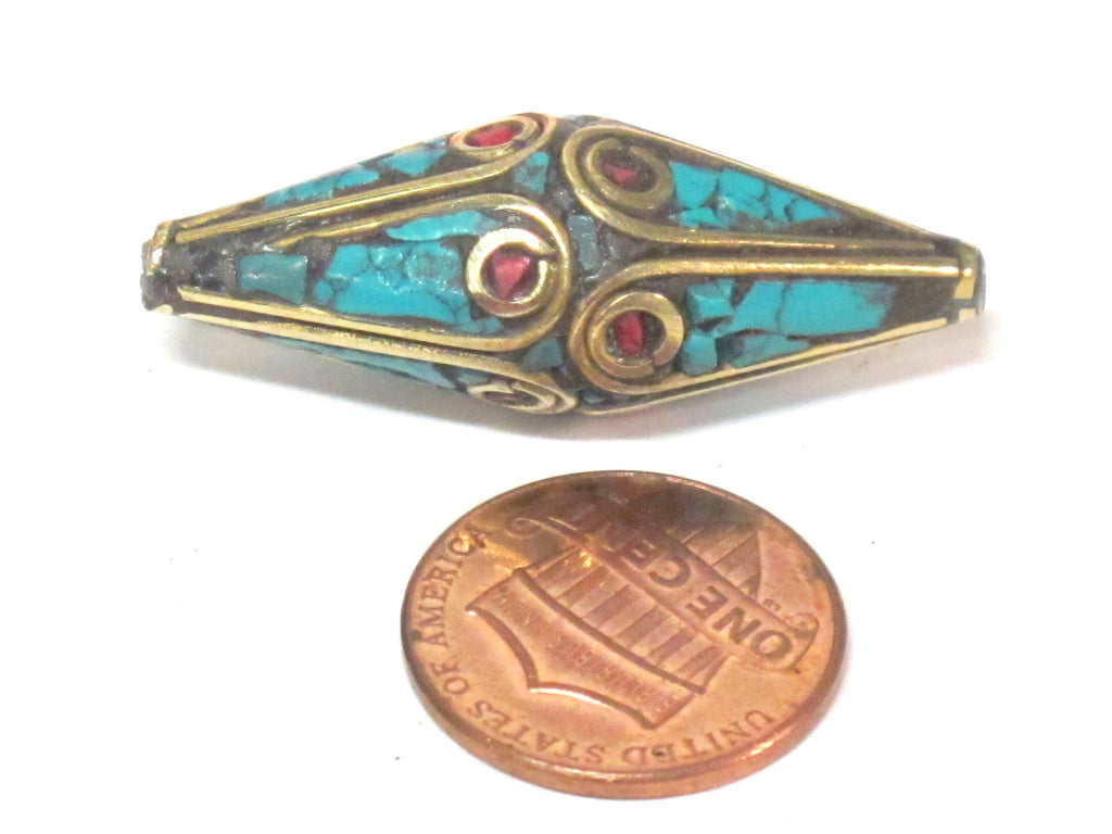 2 Beads - Long Bicone shape ethnic Nepal brass beads with turquoise inlay - BD972s