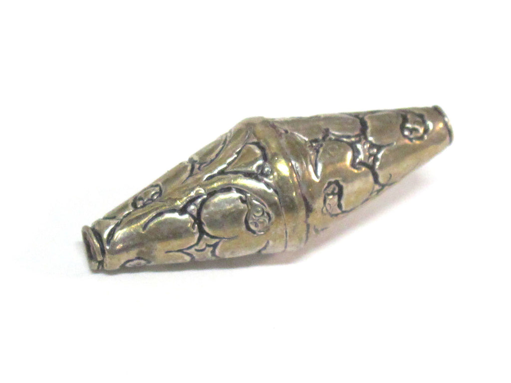 1 Bead - Beautiful Large Long bicone shape Tibetan silver floral repousse ethnic beads from Nepal - BD213B