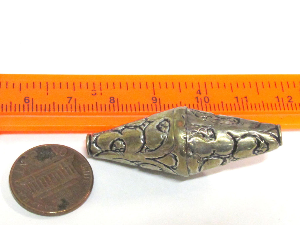 1 Bead - Beautiful Large Long bicone shape Tibetan silver floral repousse ethnic beads from Nepal - BD213B
