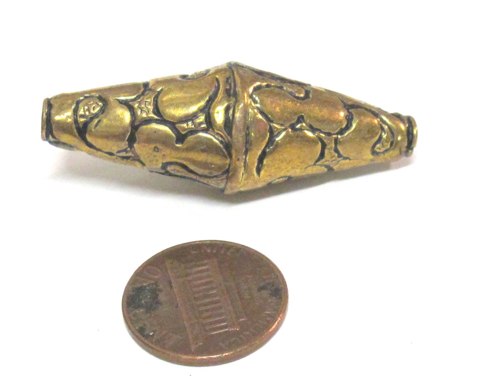 1 Bead - Beautiful Large Long bicone shape Tibetan brass antiqued golden finish floral repousse beads from Nepal - BD214B