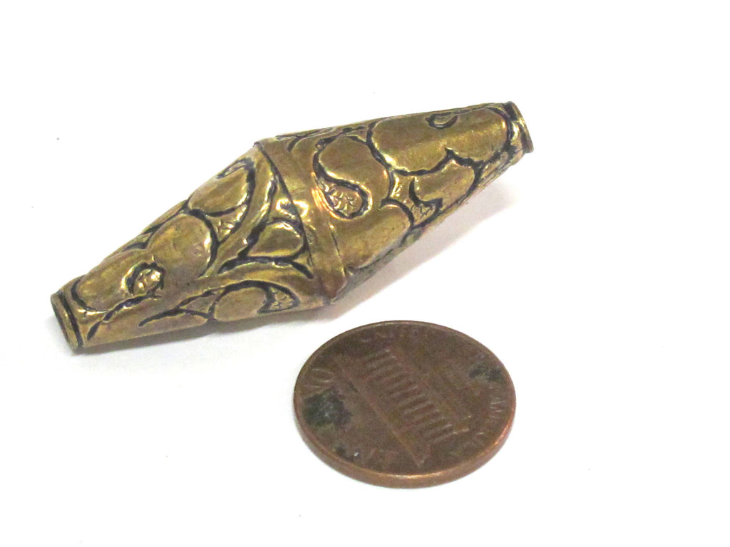 1 Bead - Beautiful Large Long bicone shape Tibetan brass antiqued golden finish floral repousse beads from Nepal - BD214B