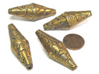 1 Bead - Beautiful Large Long bicone shape Tibetan brass antiqued golden finish floral repousse beads from Nepal - BD214B