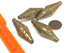 1 Bead - Beautiful Large Long bicone shape Tibetan brass antiqued golden finish floral repousse beads from Nepal - BD214B