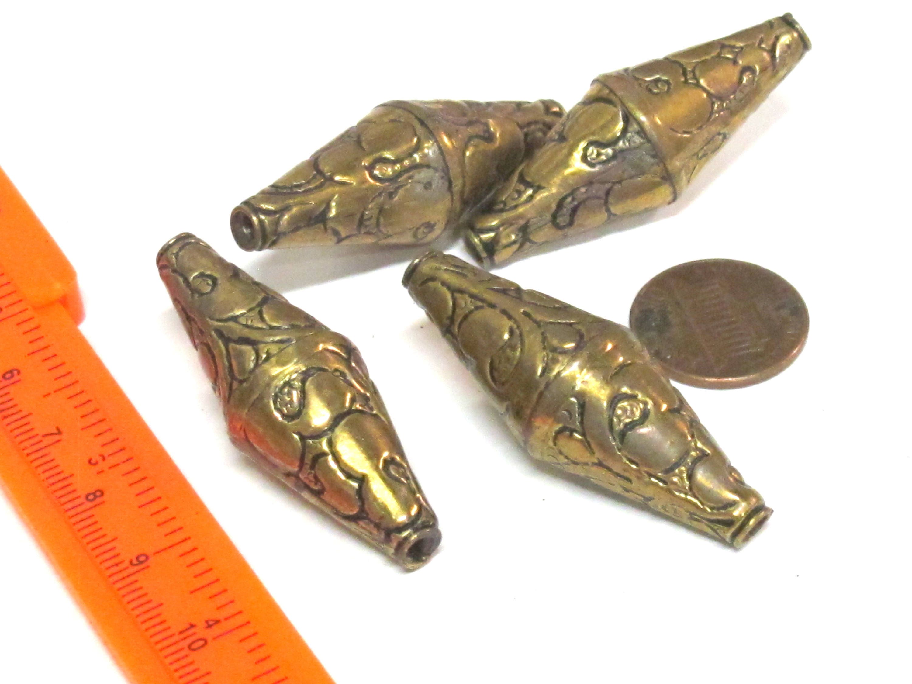 1 Bead - Beautiful Large Long bicone shape Tibetan brass antiqued golden finish floral repousse beads from Nepal - BD214B