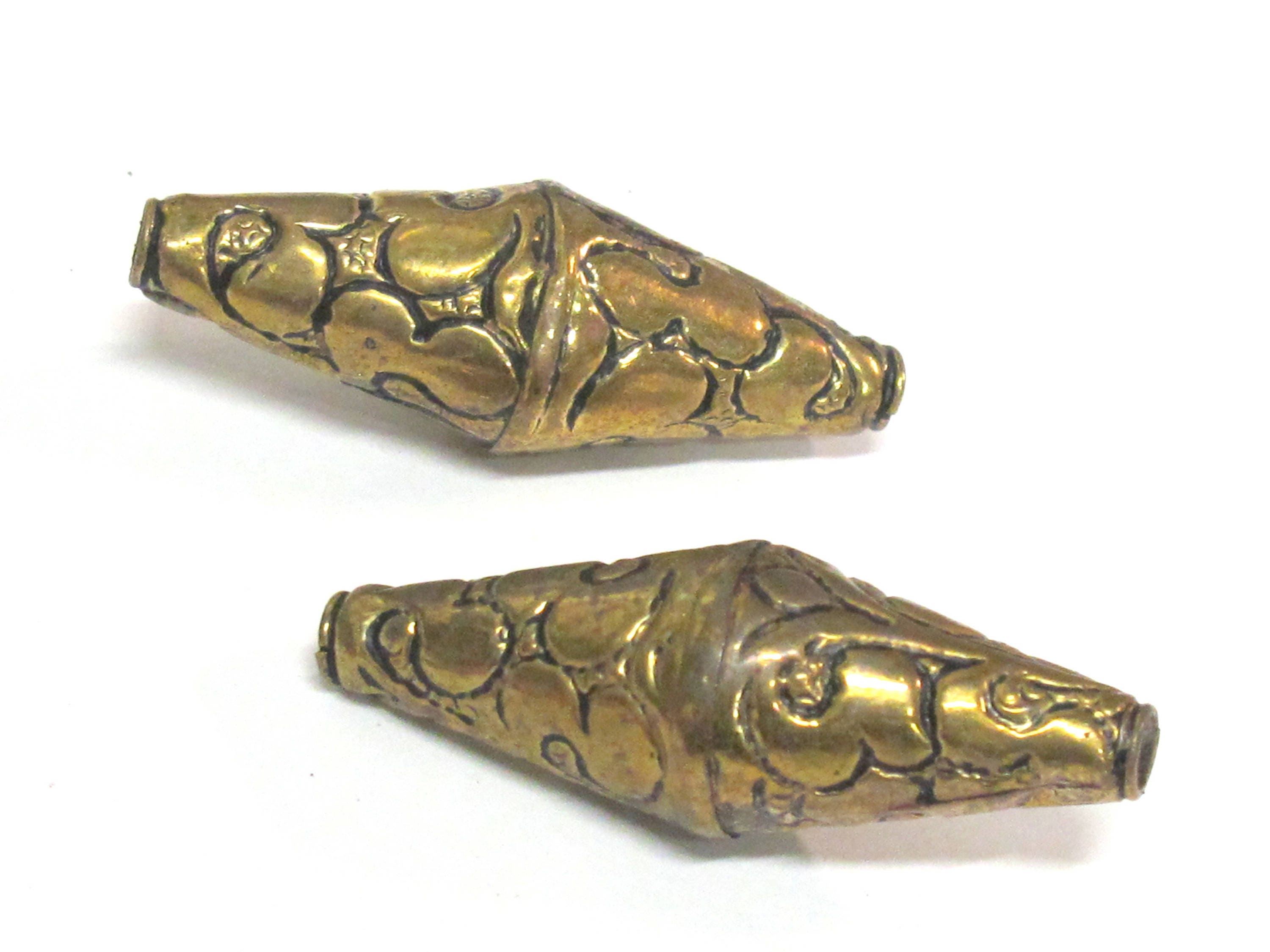 1 Bead - Beautiful Large Long bicone shape Tibetan brass antiqued golden finish floral repousse beads from Nepal - BD214B