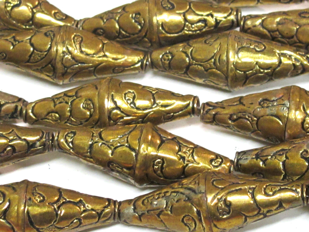 1 Bead - Beautiful Large Long bicone shape Tibetan brass antiqued golden finish floral repousse beads from Nepal - BD214B