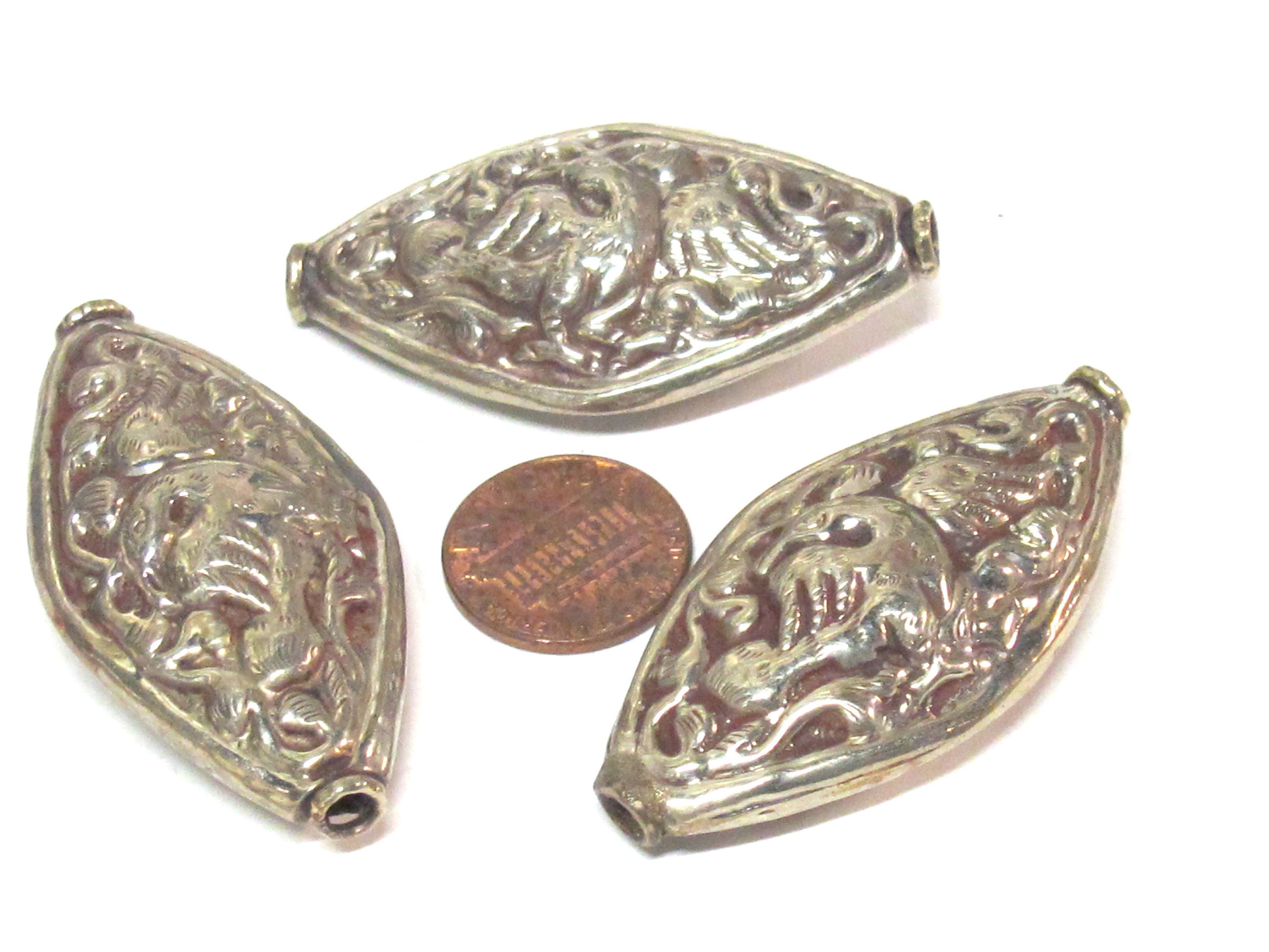 1 Bead - Dual sided large size Tibetan silver eagle phoenix bird carving repousse bead from Nepal - BD221B