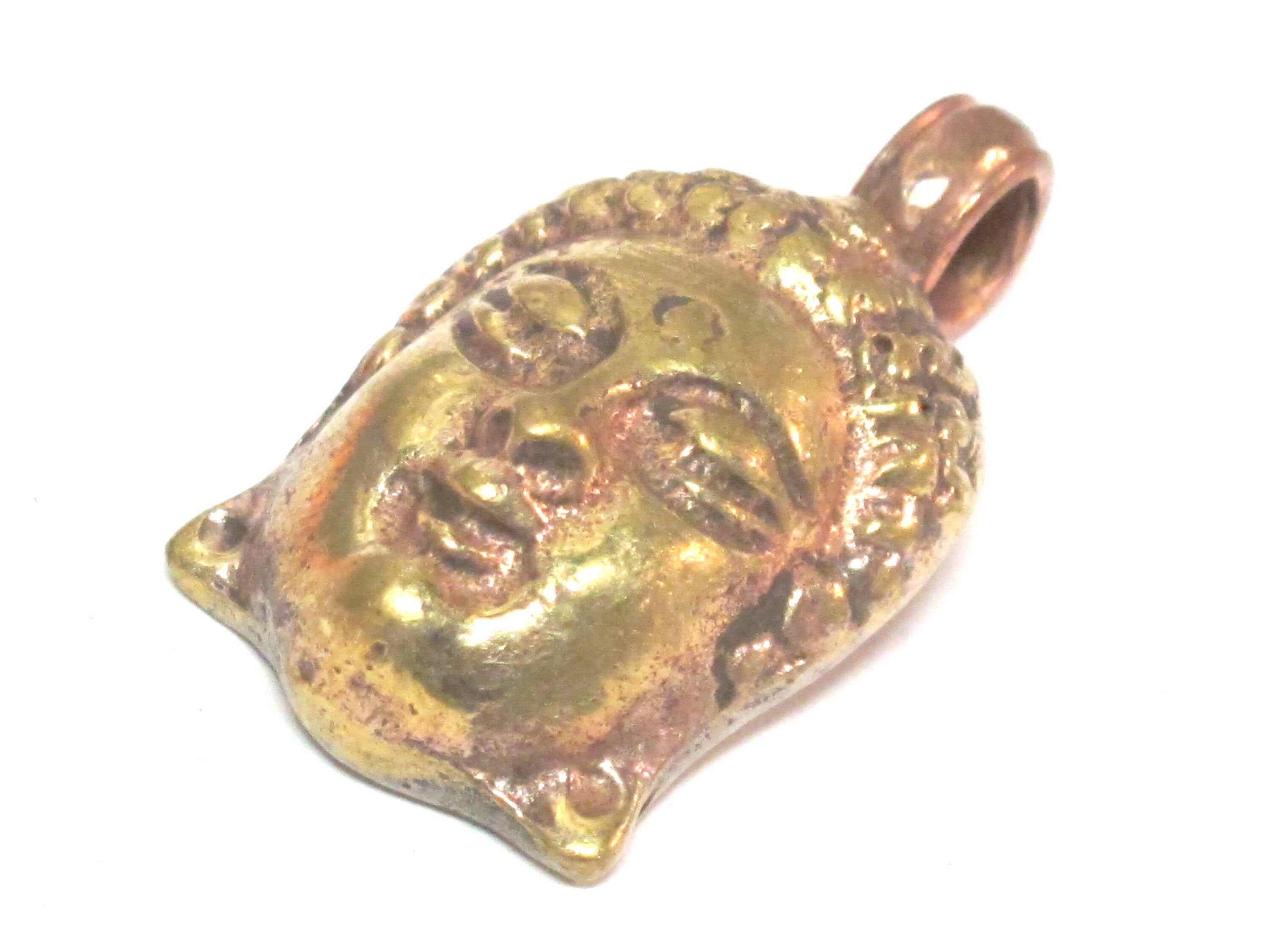 1 Pendant - Tibetan solid brass Buddha face pendant with mix coppery antiqued finish reverse side floral carving from Nepal - PM462C