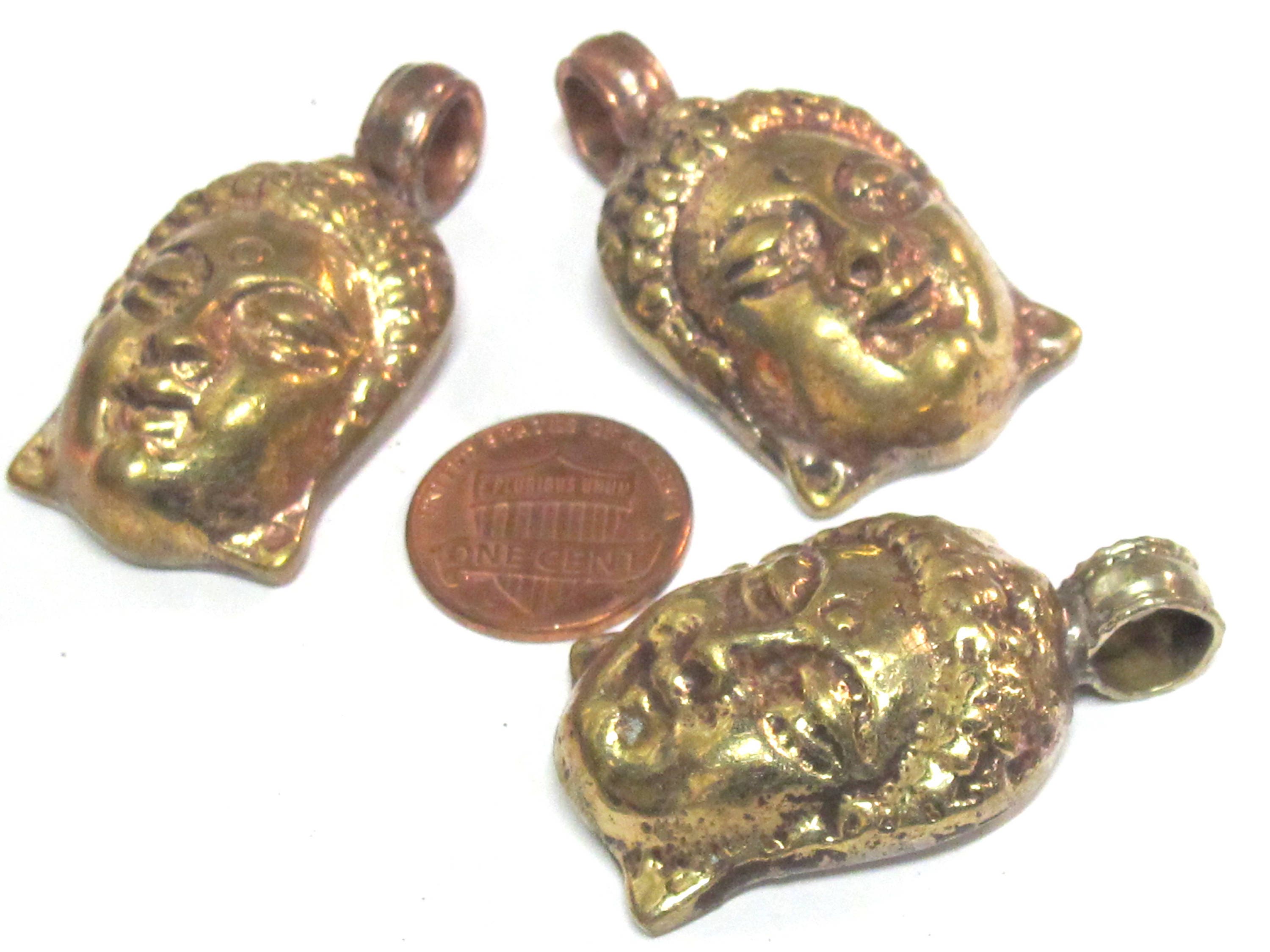 1 Pendant - Tibetan solid brass Buddha face pendant with mix coppery antiqued finish reverse side floral carving from Nepal - PM462C