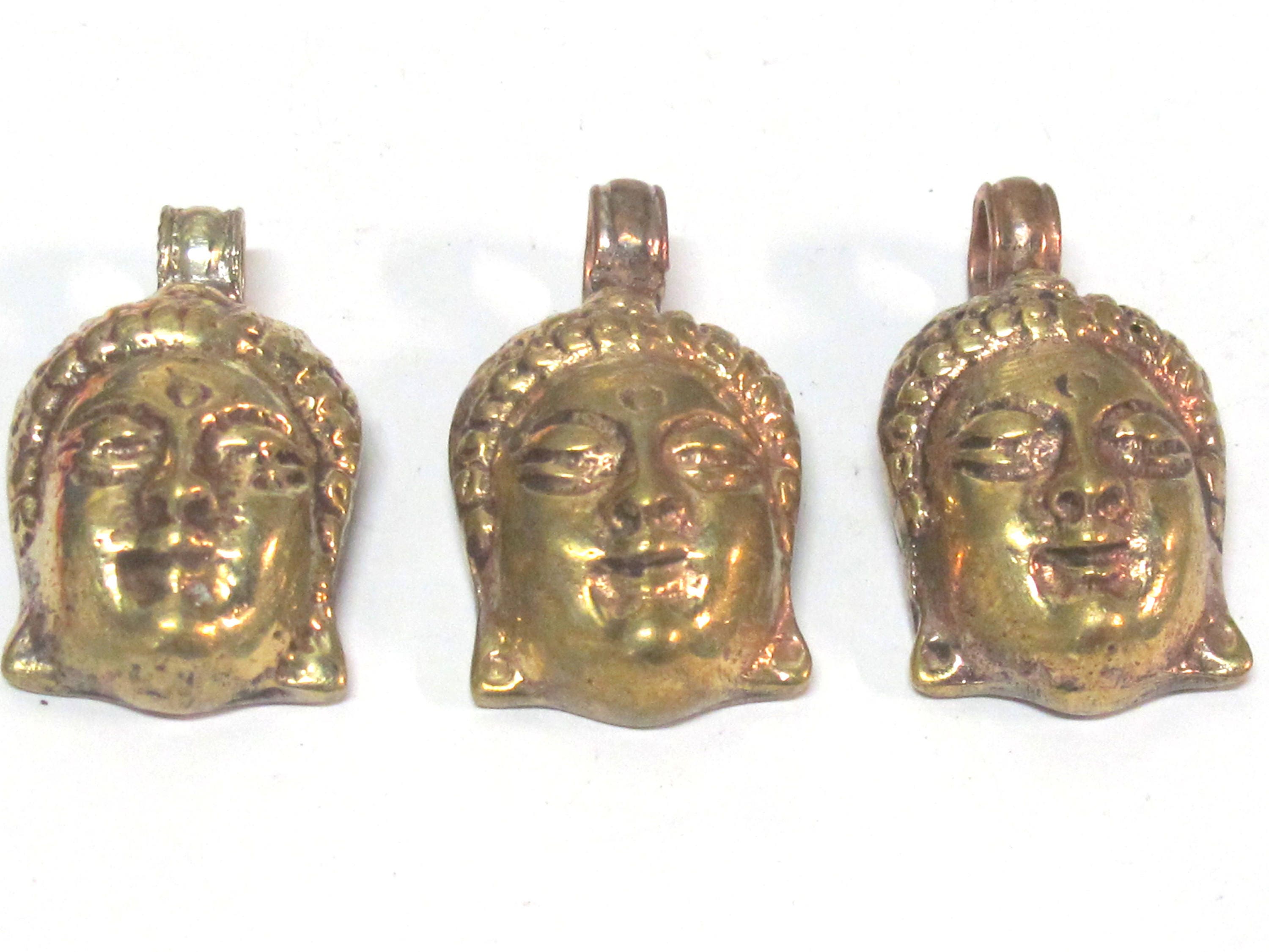 1 Pendant - Tibetan solid brass Buddha face pendant with mix coppery antiqued finish reverse side floral carving from Nepal - PM462C