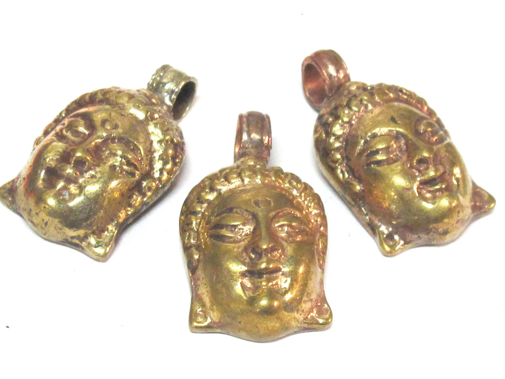 1 Pendant - Tibetan solid brass Buddha face pendant with mix coppery antiqued finish reverse side floral carving from Nepal - PM462C