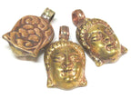 1 Pendant - Tibetan solid brass Buddha face pendant with mix coppery antiqued finish reverse side floral carving from Nepal - PM462C