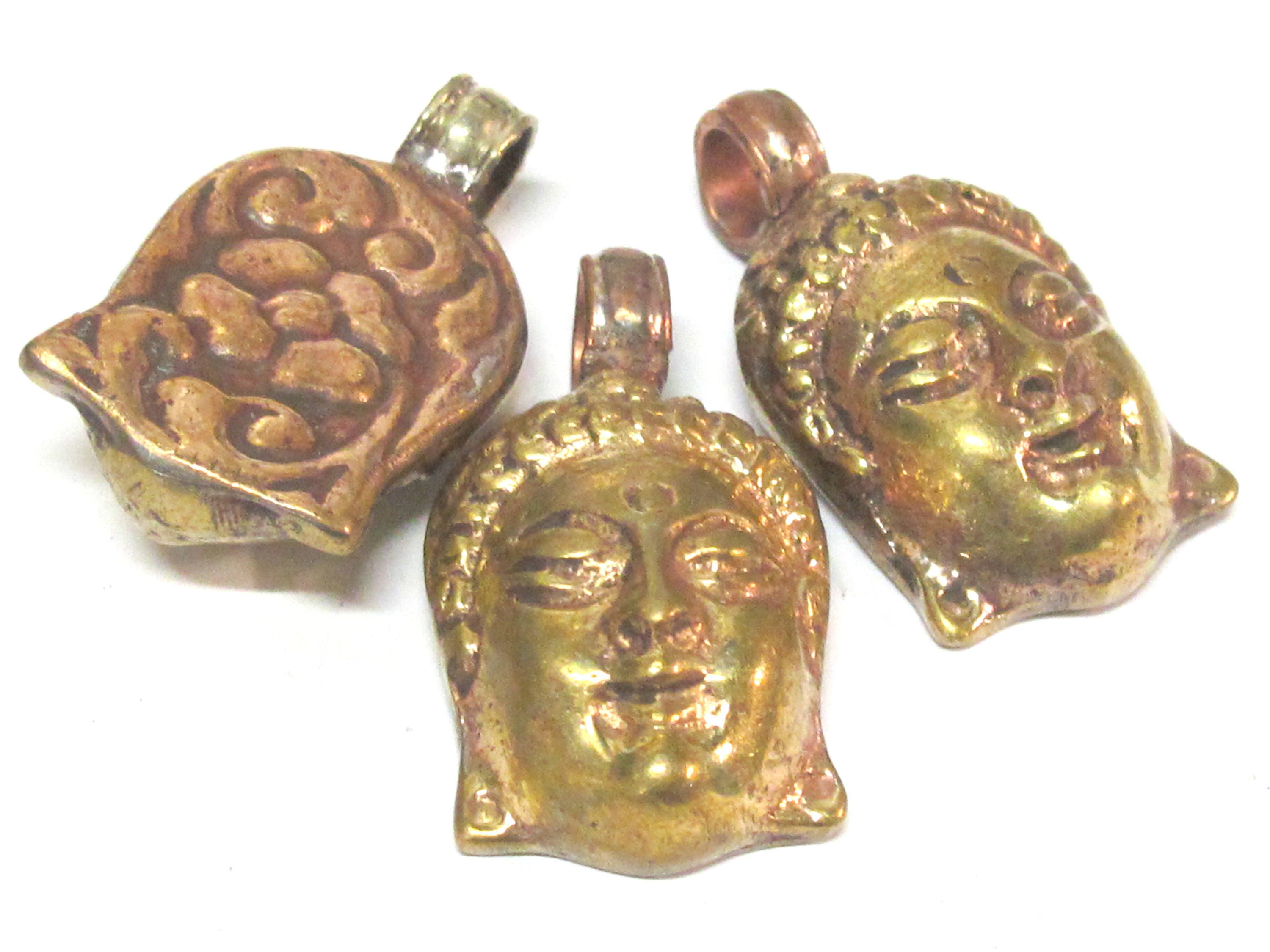 1 Pendant - Tibetan solid brass Buddha face pendant with mix coppery antiqued finish reverse side floral carving from Nepal - PM462C