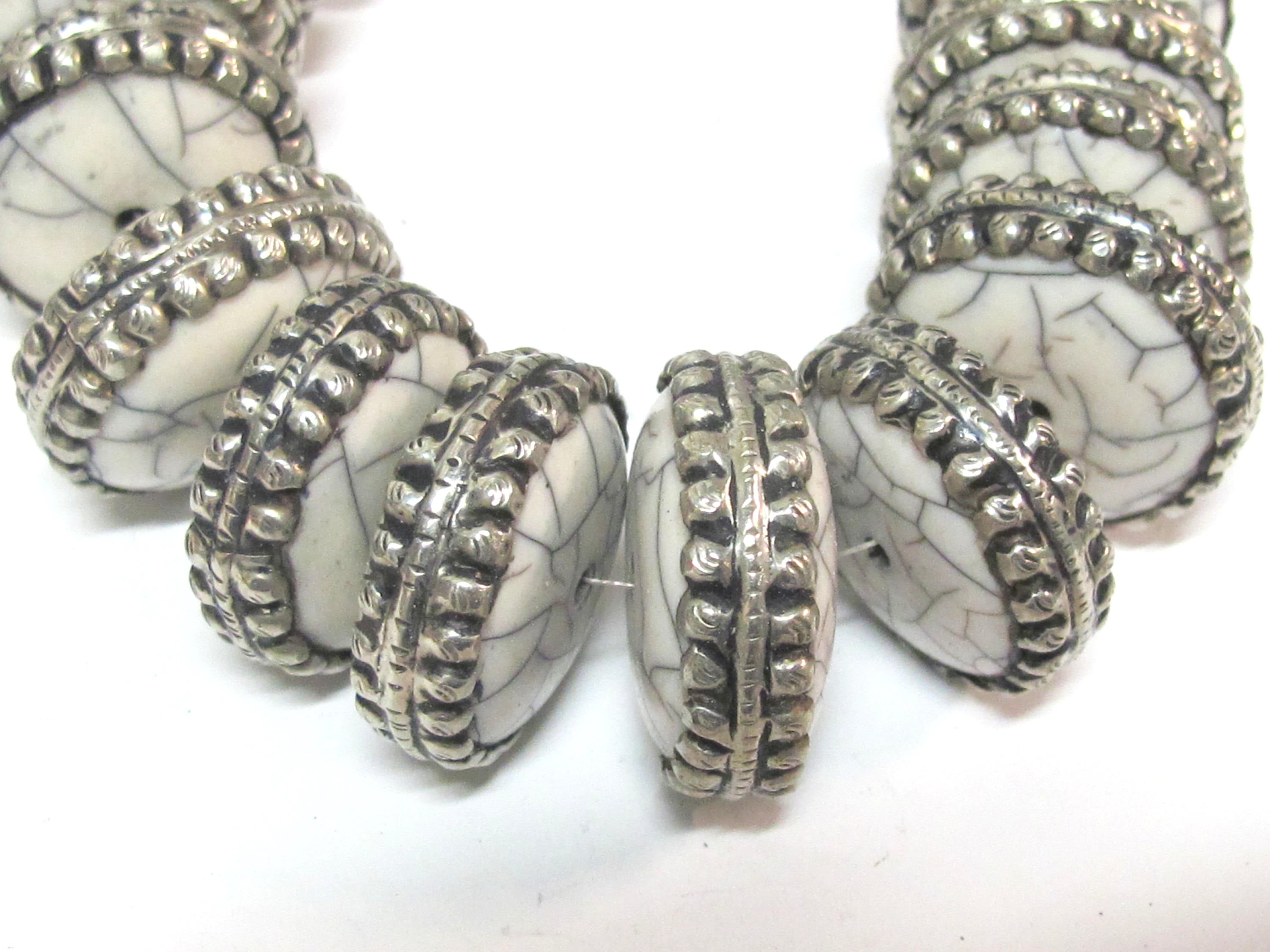 2 Beads - Beautiful large disc wheel shape tibetan silver encased white crackle resin focal pendant bead - BD311Bx