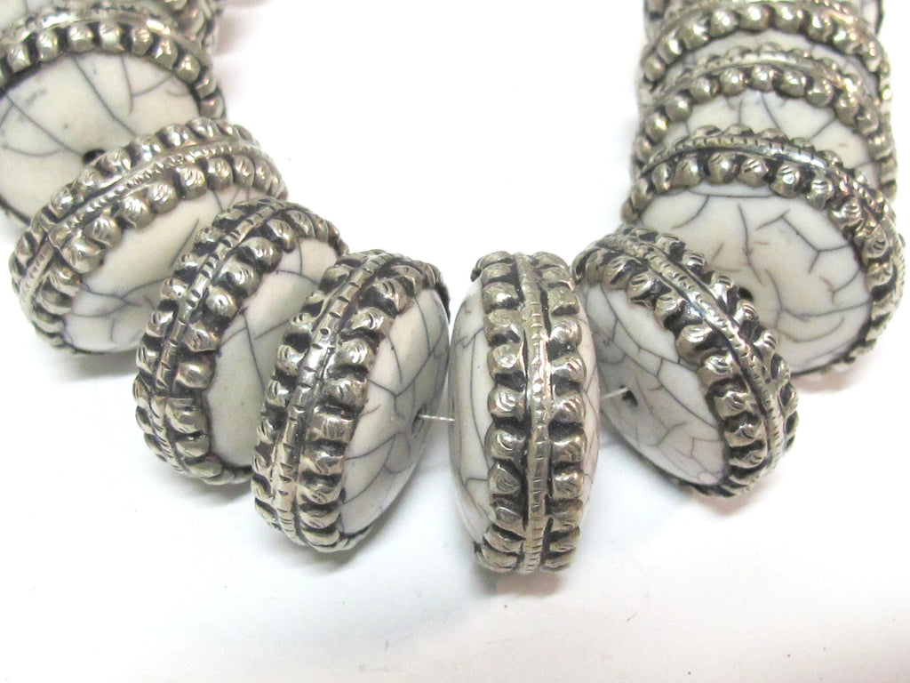 2 Beads - Beautiful large disc wheel shape tibetan silver encased white crackle resin focal pendant bead - BD311Bx