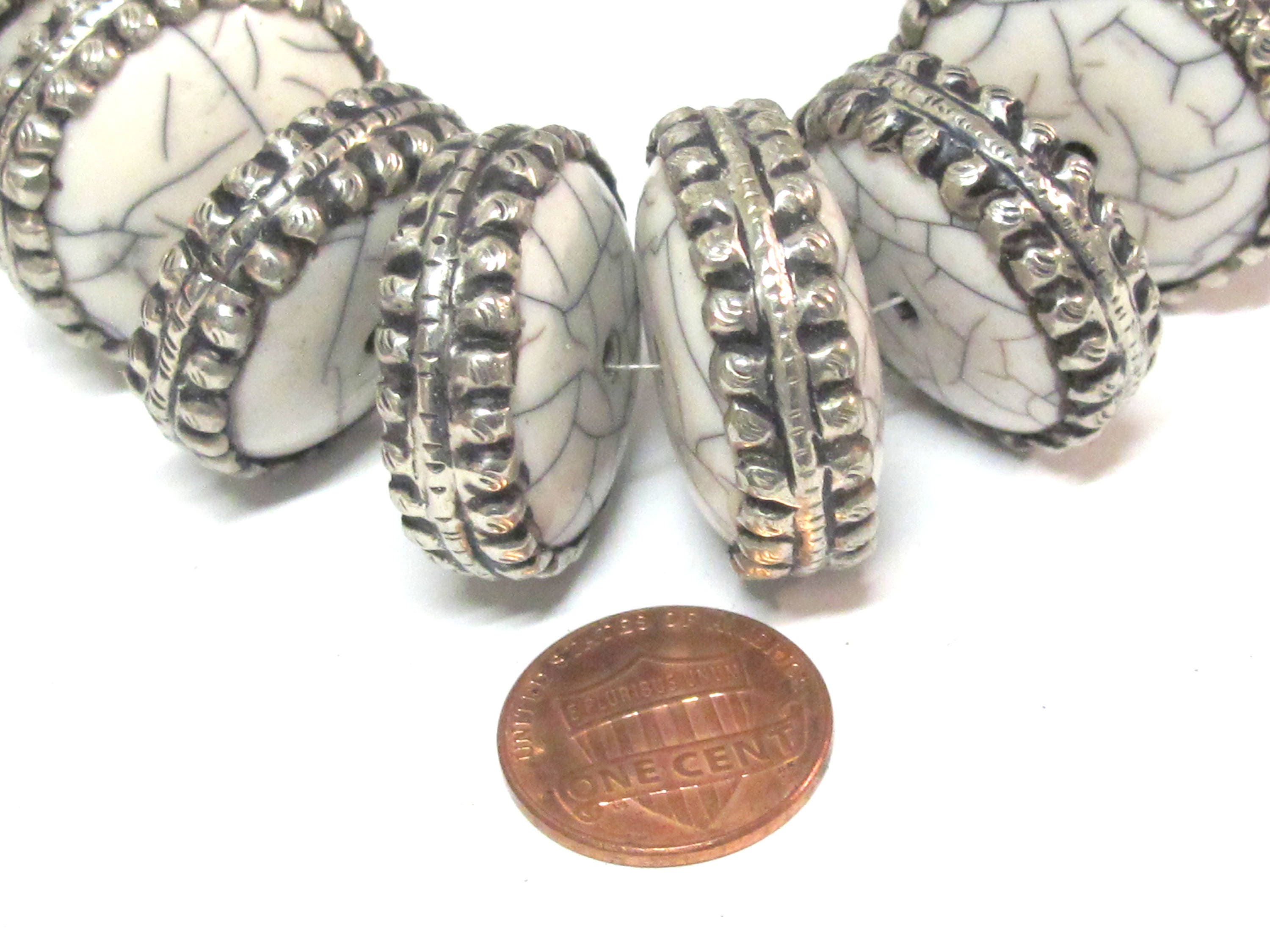 2 Beads - Beautiful large disc wheel shape tibetan silver encased white crackle resin focal pendant bead - BD311Bx