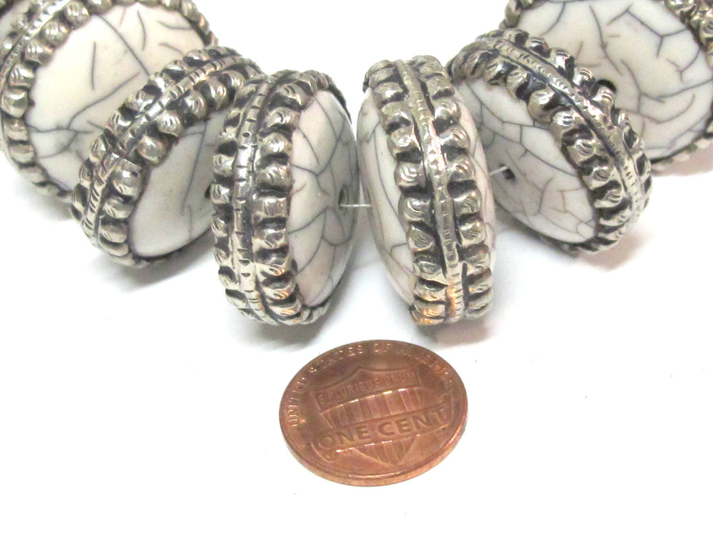 1 BEAD - Beautiful large disc wheel shape tibetan silver encased white crackle resin focal pendant bead - BD311B
