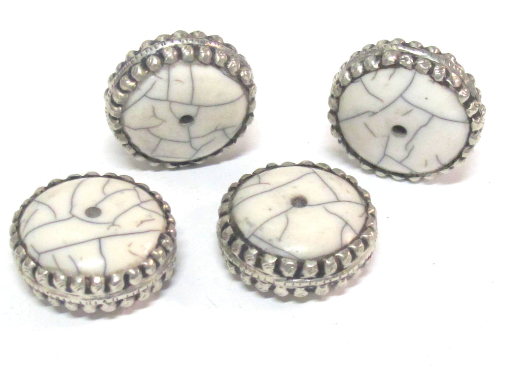 1 BEAD - Beautiful large disc wheel shape tibetan silver encased white crackle resin focal pendant bead - BD311B