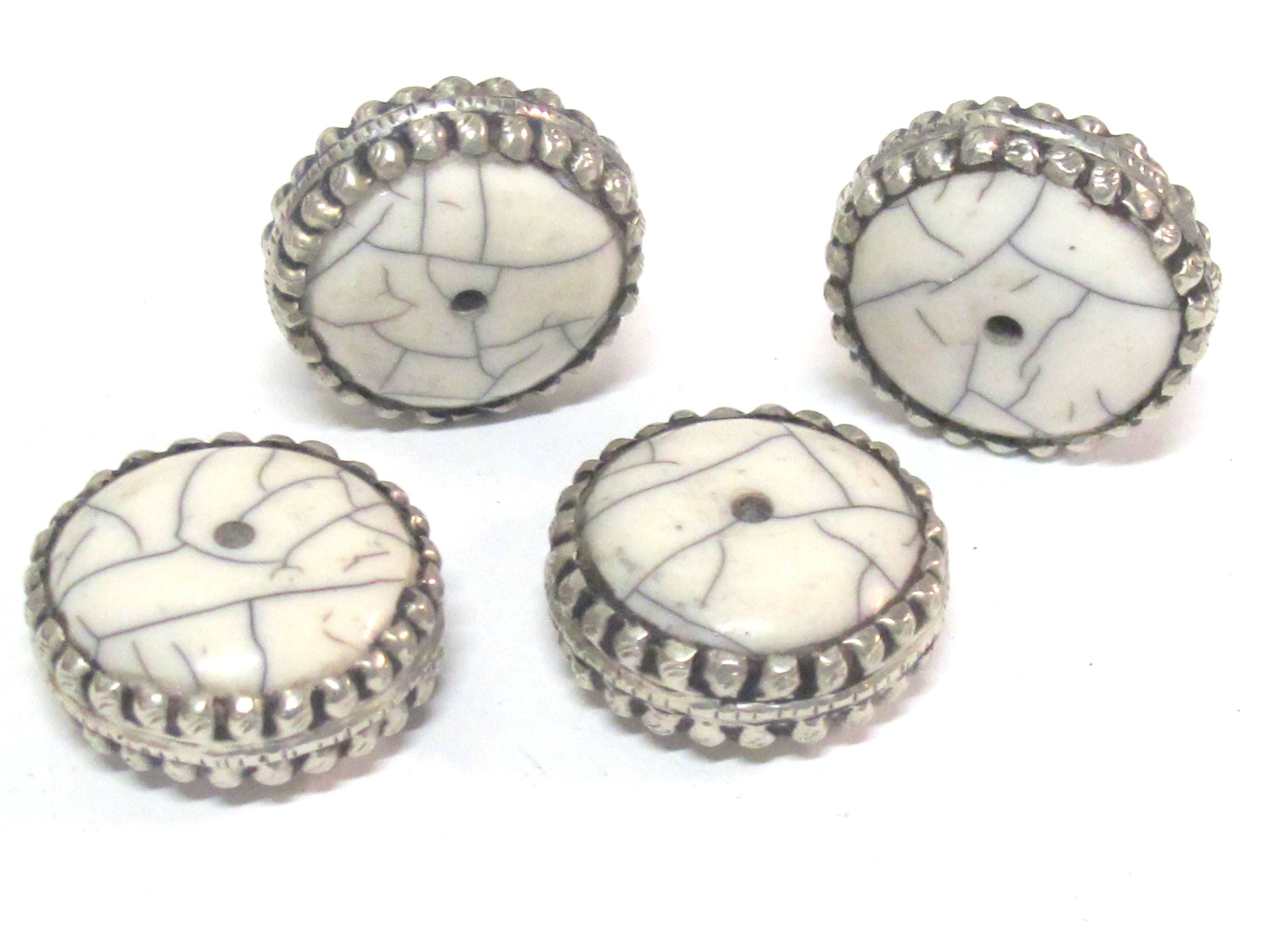 1 BEAD - Beautiful large disc wheel shape tibetan silver encased white crackle resin focal pendant bead - BD311B