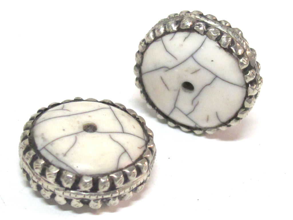 2 Beads - Beautiful large disc wheel shape tibetan silver encased white crackle resin focal pendant bead - BD311Bx