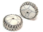 2 Beads - Beautiful large disc wheel shape tibetan silver encased white crackle resin focal pendant bead - BD311Bx