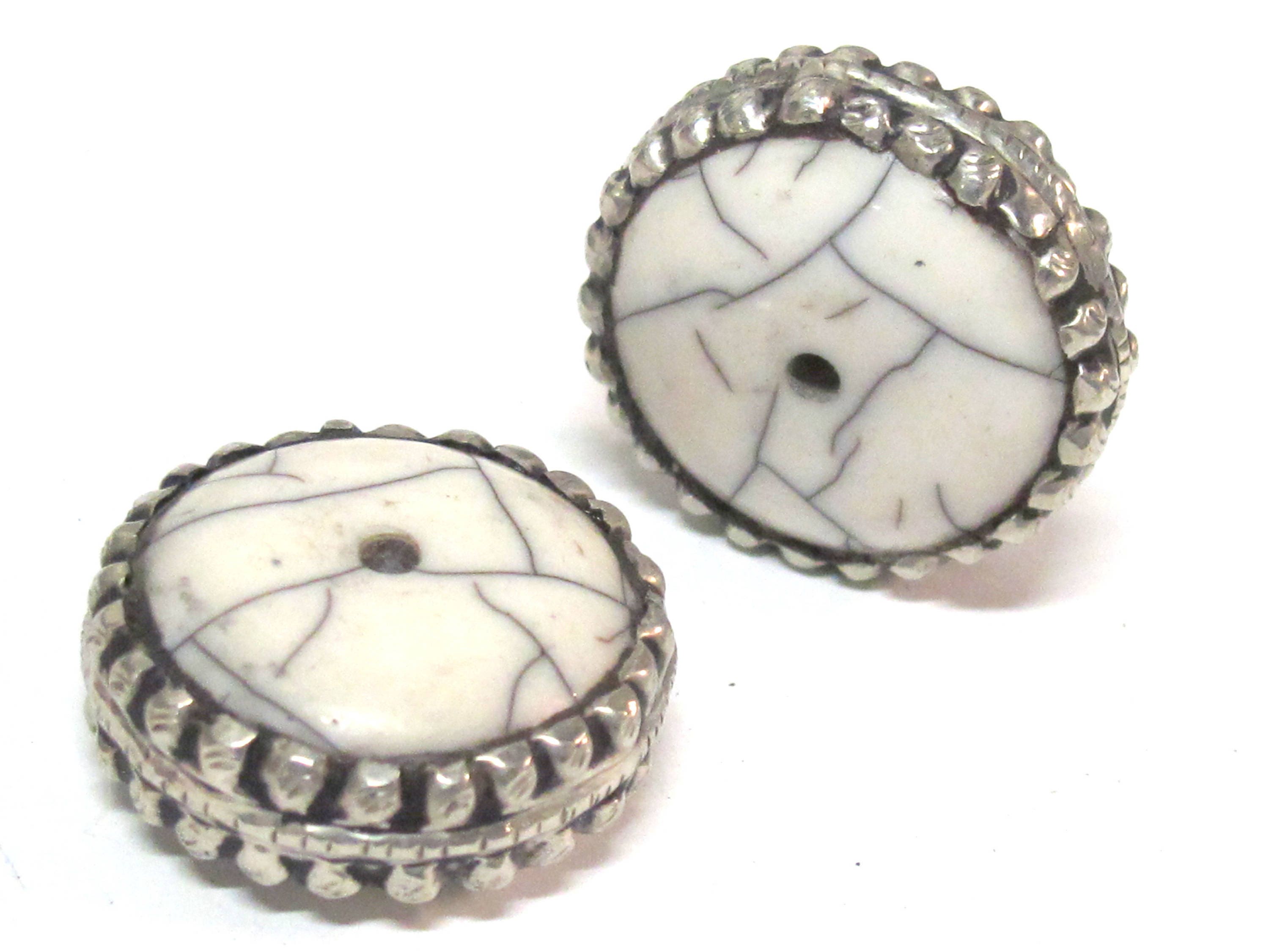 2 Beads - Beautiful large disc wheel shape tibetan silver encased white crackle resin focal pendant bead - BD311Bx