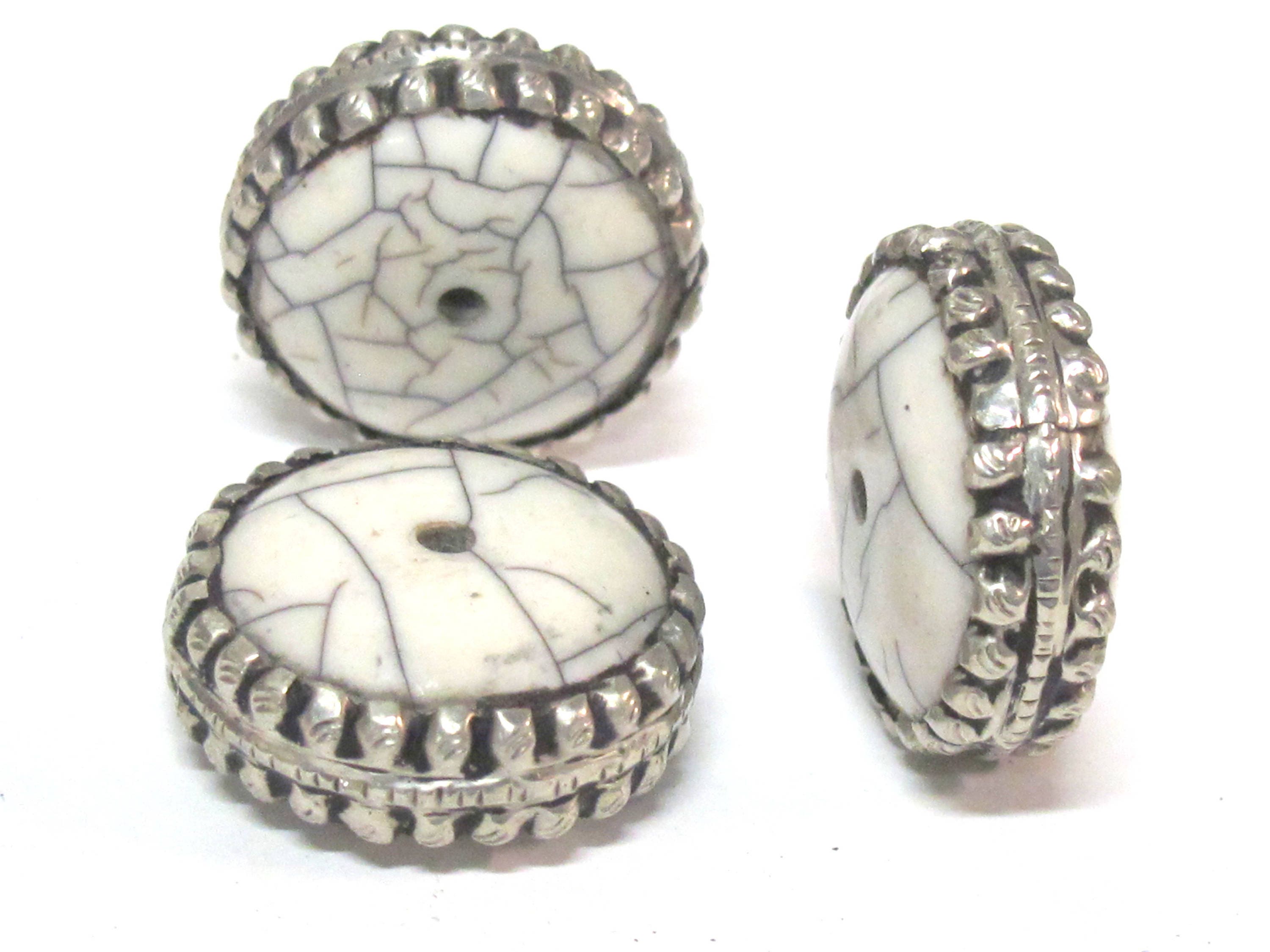 2 Beads - Beautiful large disc wheel shape tibetan silver encased white crackle resin focal pendant bead - BD311Bx