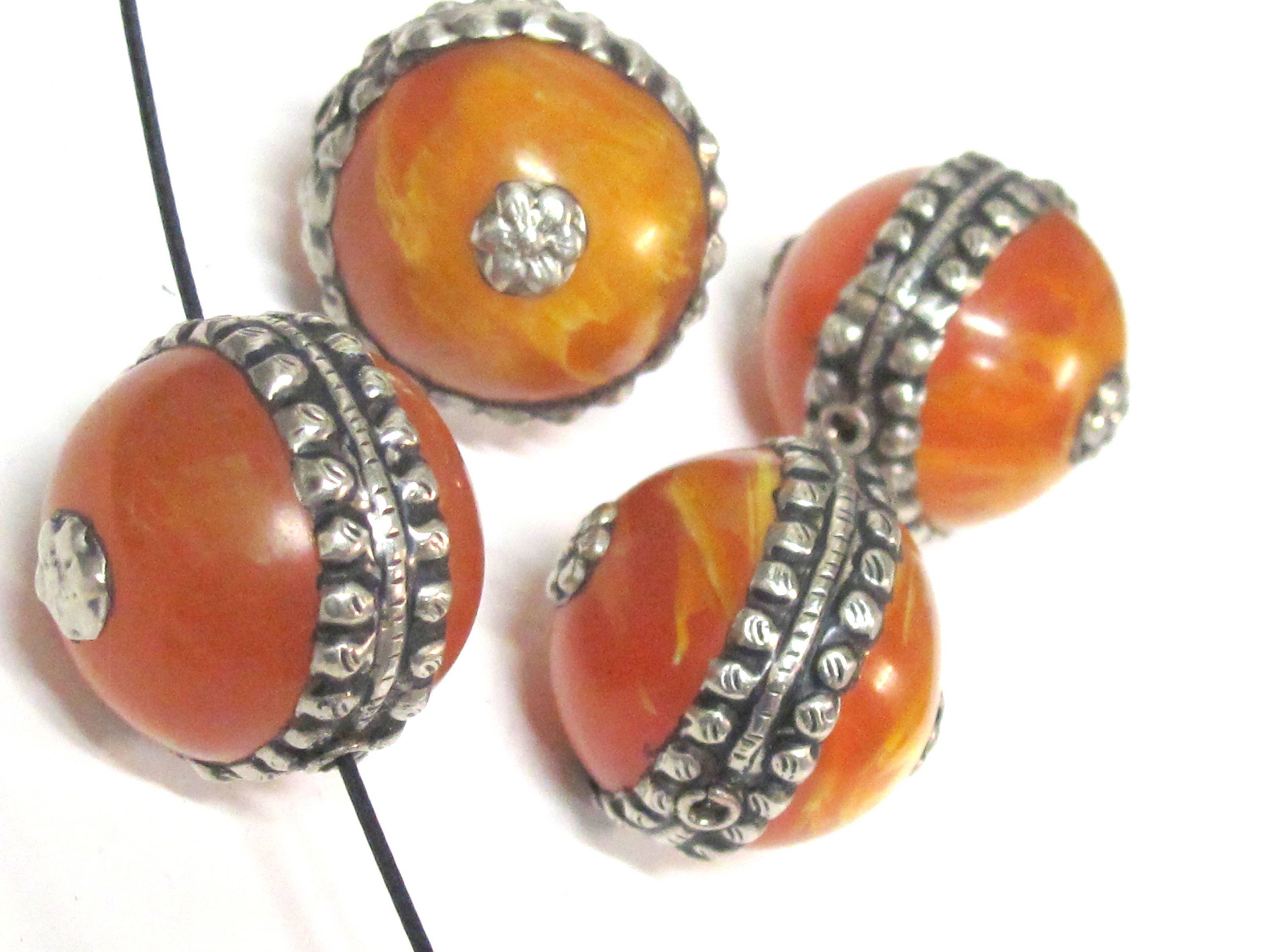 1 Bead - Tibetan silver encased thick copal Resin focal pendant bead - BD590Bx