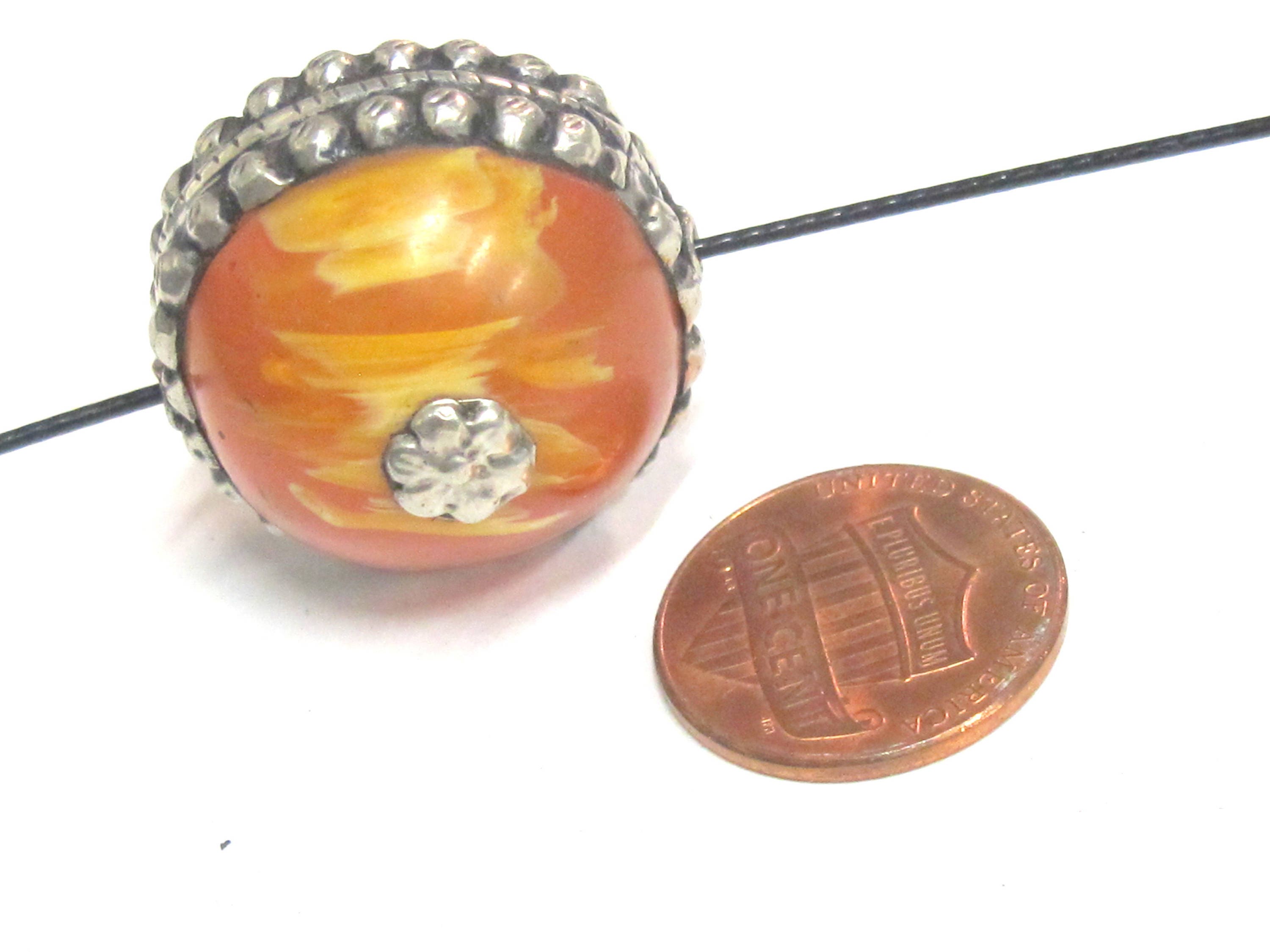 1 Bead - Tibetan silver encased thick copal Resin focal pendant bead - BD590Bx