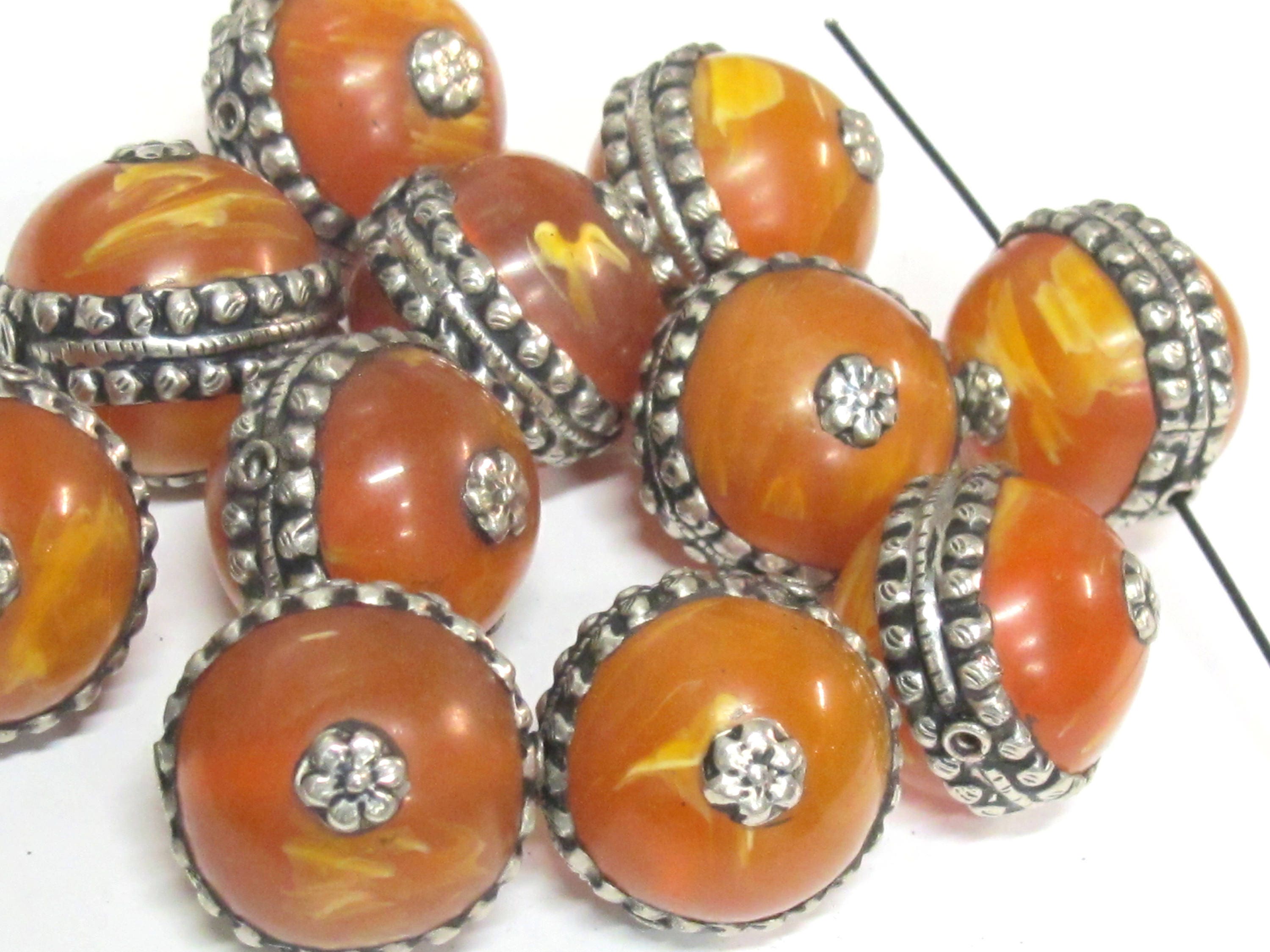 1 Bead - Tibetan silver encased thick copal Resin focal pendant bead - BD590Bx