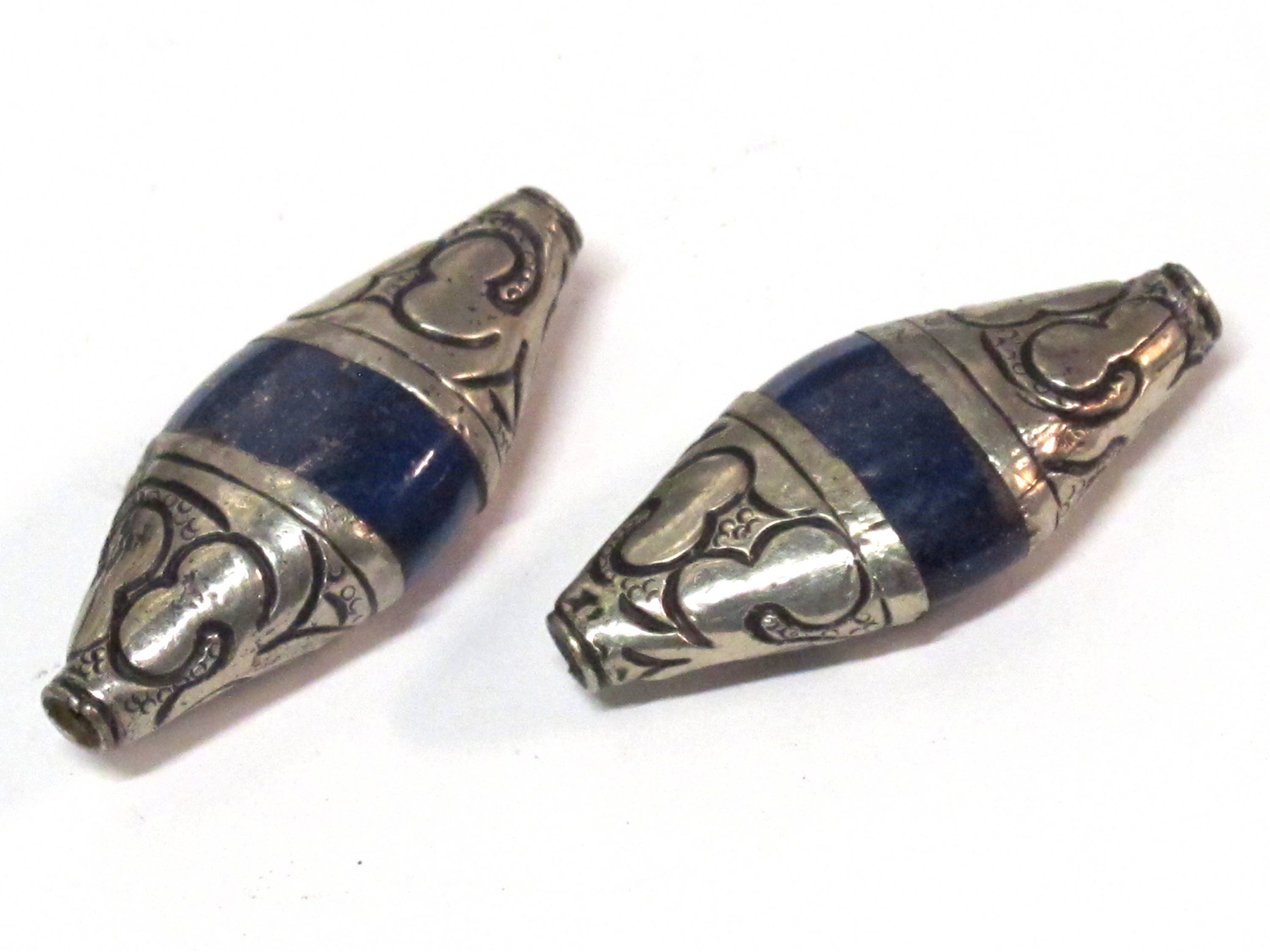 1 Bead - Tibetan Nepal capped lapis Lazuli gemstone bead - 39 -40 mm long - BD217B