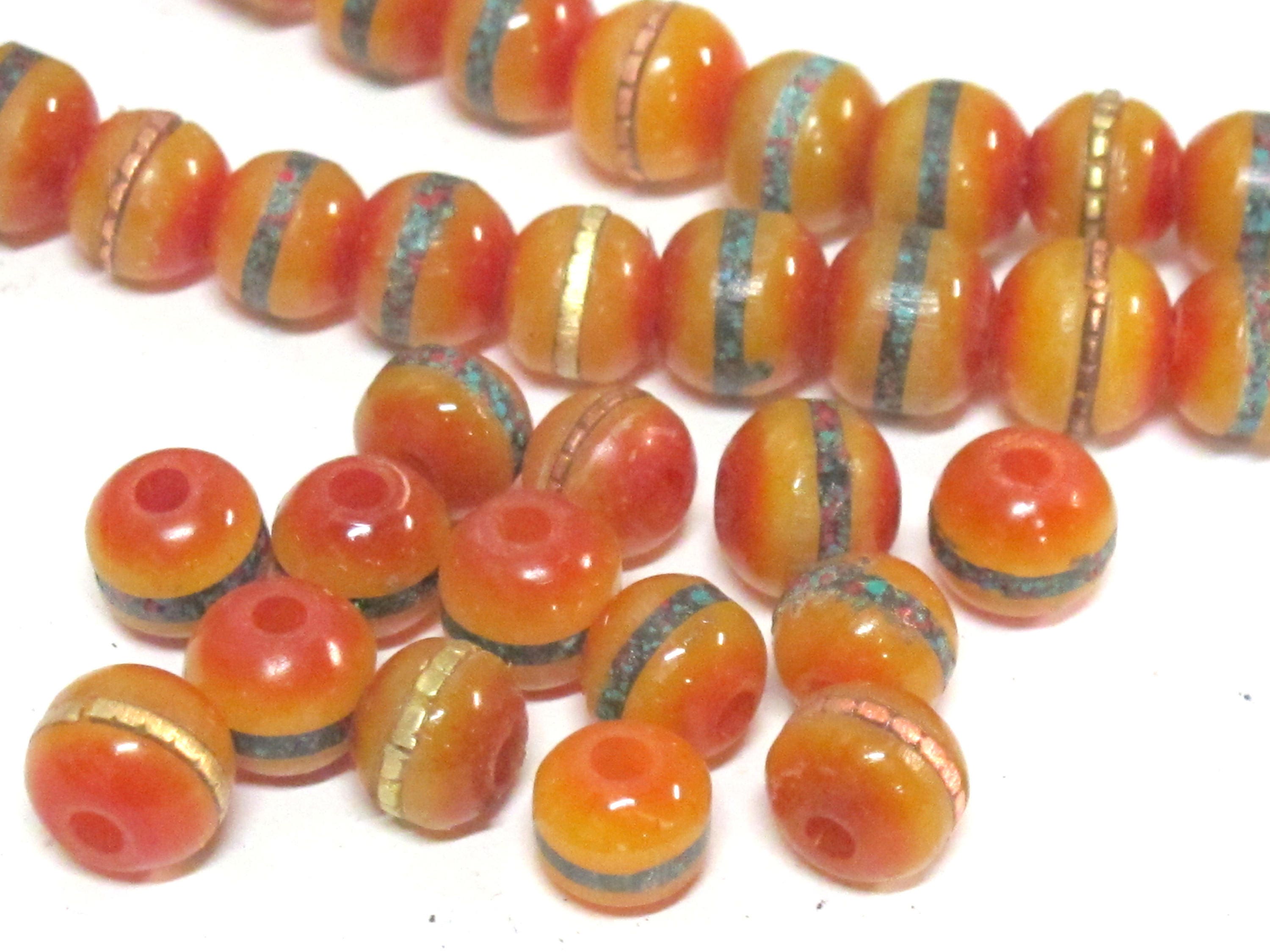 108 beads - Tibetan mala beads 8mm Tibetan Nepal honey yellow resin 108 mala beads Guru bead brass ,turquoise inlay - ML109A