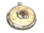 1 pendant - Ethnic Tibetan silver naga conch shell pendant with coral inlay and floral carving on reverse side - PM586A