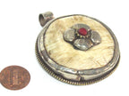 1 pendant - Ethnic Tibetan silver naga conch shell pendant with coral inlay and floral carving on reverse side - PM586A