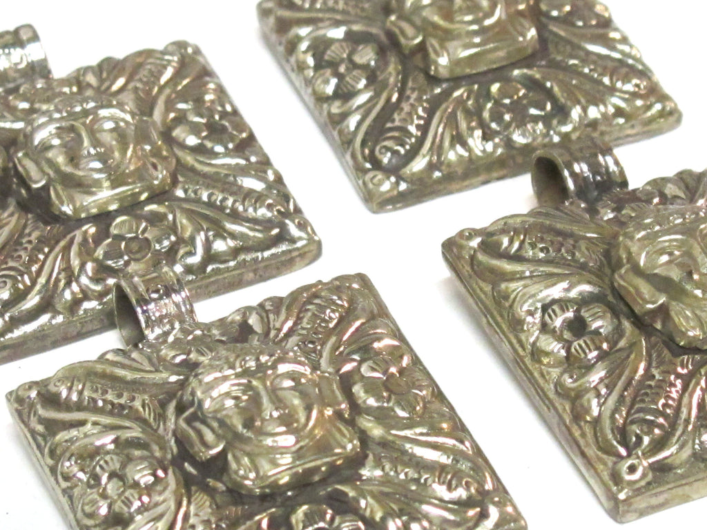 1 pendant - Tibetan silver square shape Buddha pendant detailed carving with phoenix eagle bird design on other side - PM588C