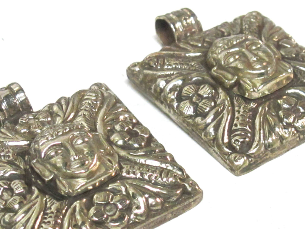 1 pendant - Tibetan silver square shape Buddha pendant detailed carving with phoenix eagle bird design on other side - PM588C