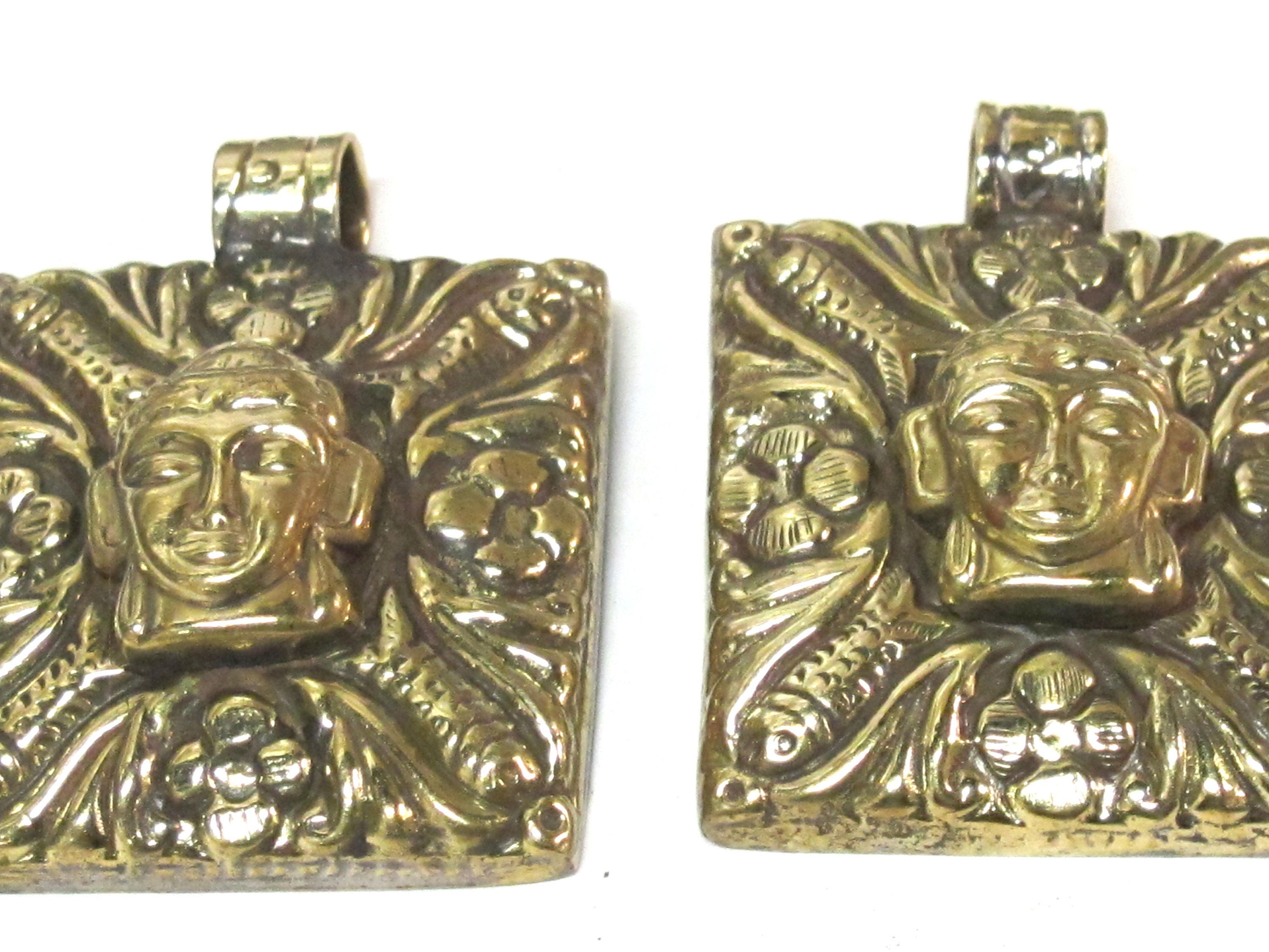 1 pendant - Tibetan square shape Buddha pendant antiqued golden color with floral animal mix design on other side - PM589A