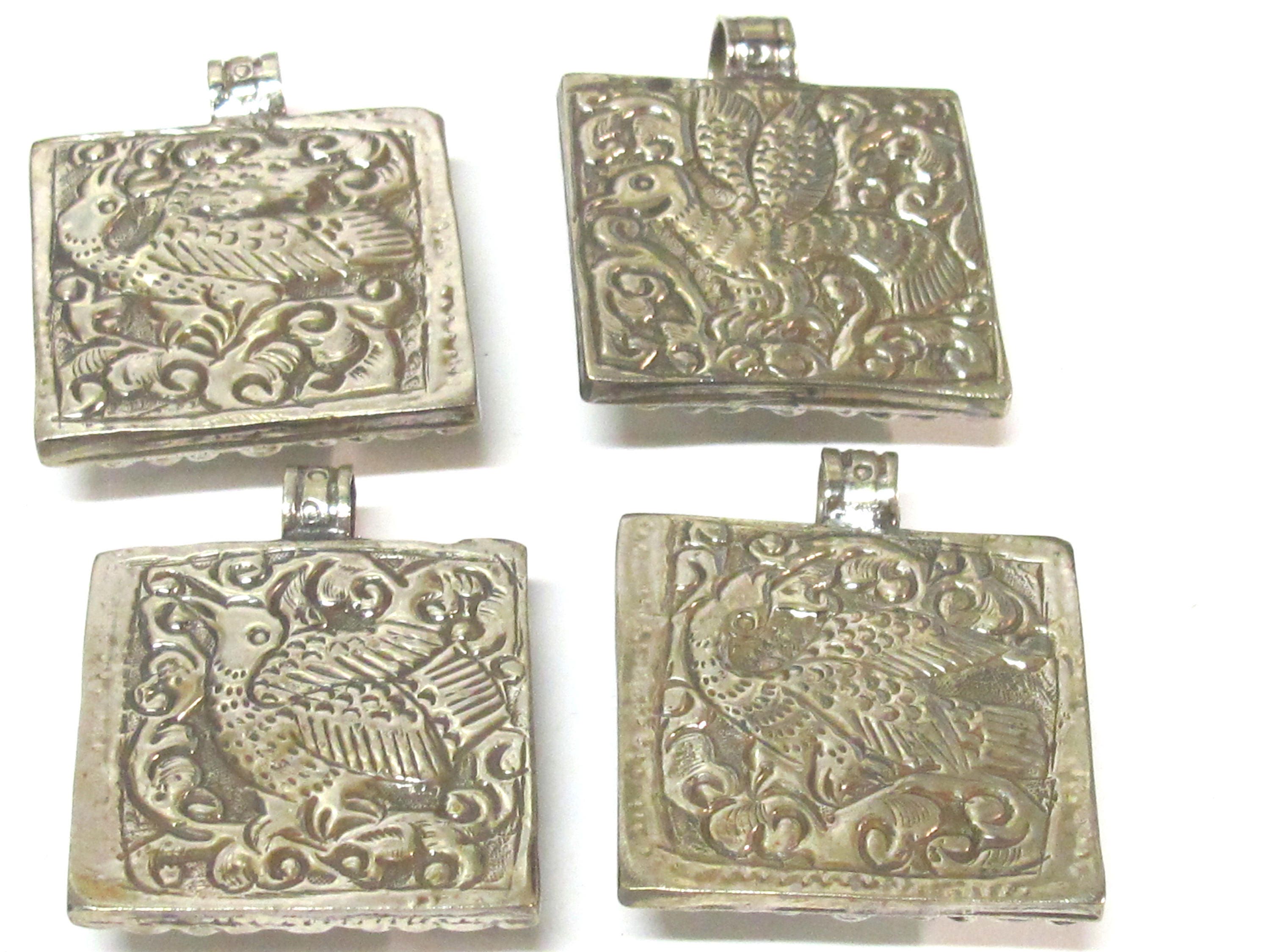 1 pendant - Tibetan silver square shape Buddha pendant detailed carving with phoenix eagle bird design on other side - PM588C