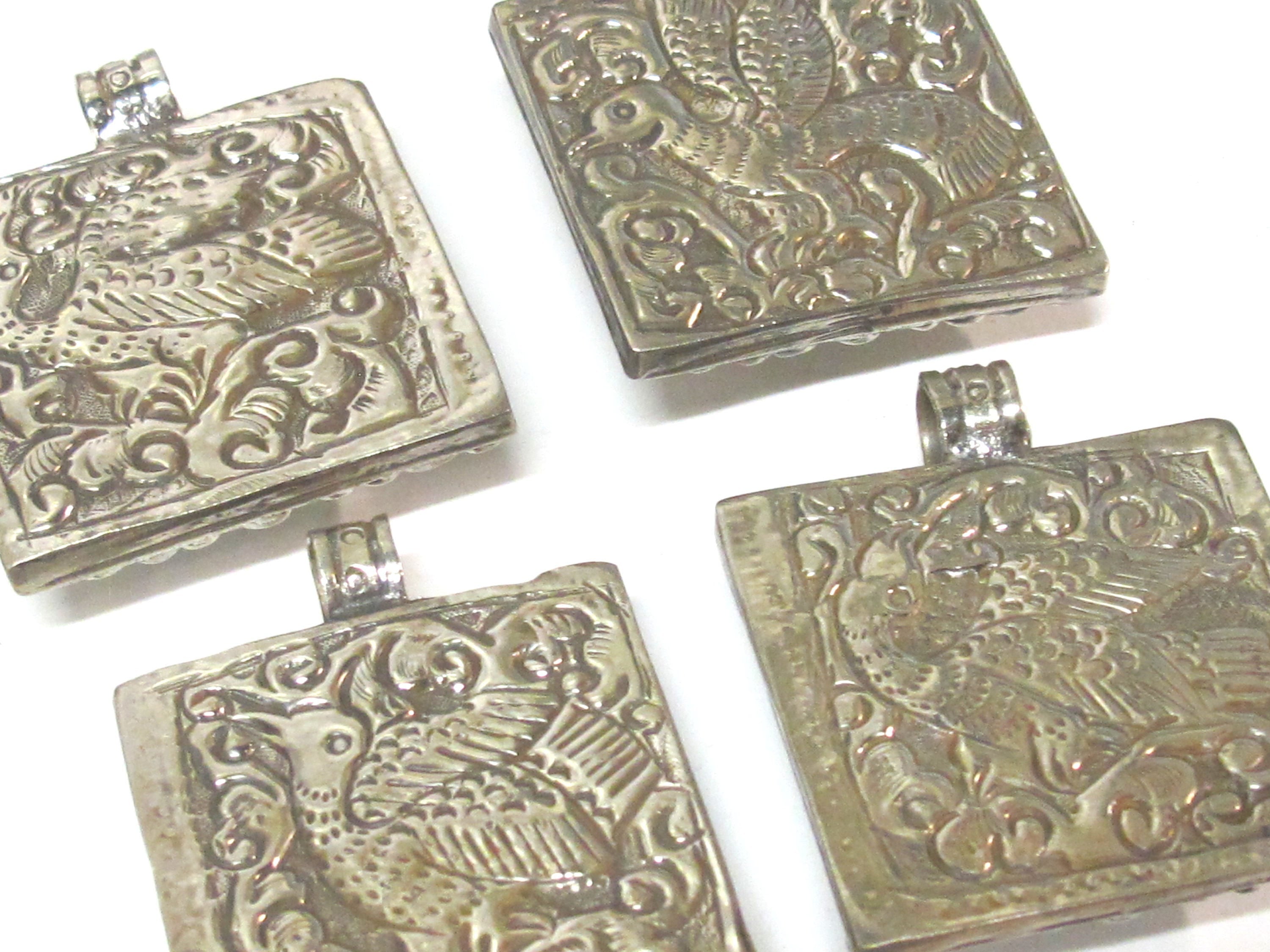 1 pendant - Tibetan silver square shape Buddha pendant detailed carving with phoenix eagle bird design on other side - PM588C