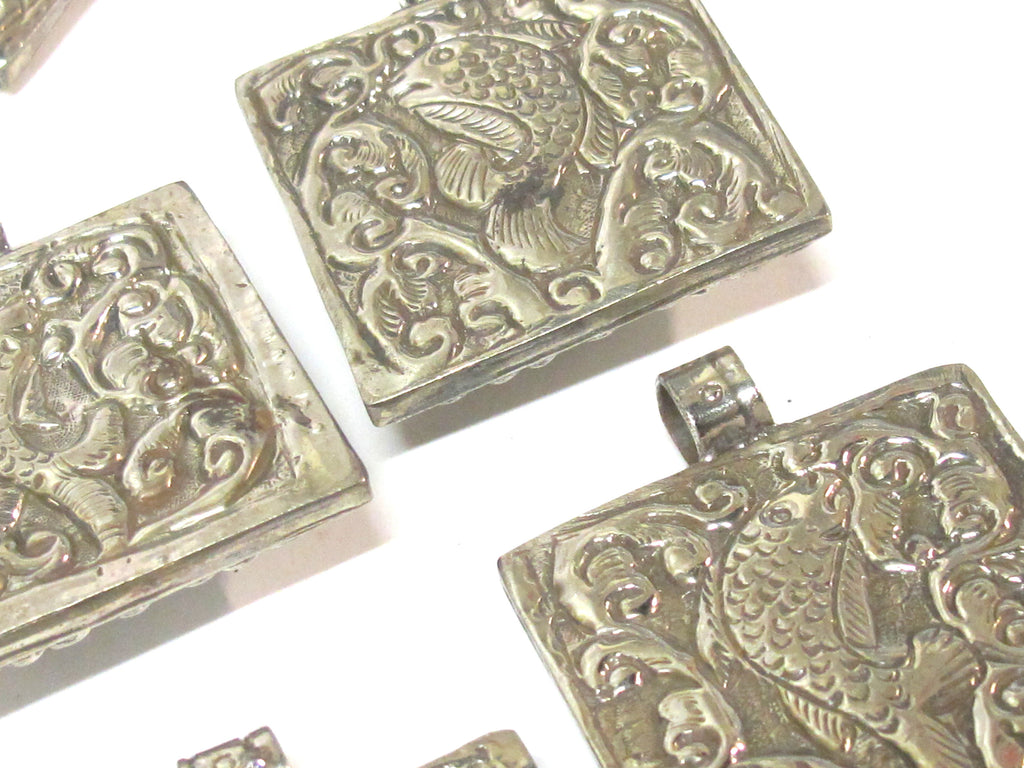 1 pendant - Tibetan silver square shape Buddha pendant with fish symbol design carved on other side - PM588D