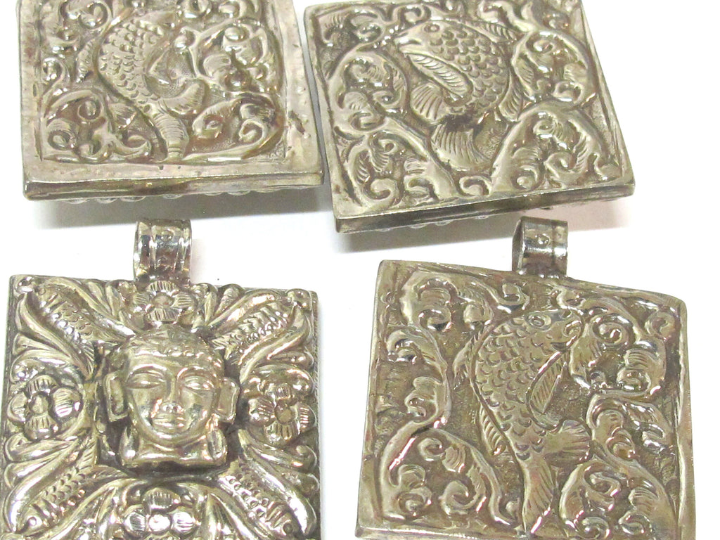 1 pendant - Tibetan silver square shape Buddha pendant with fish symbol design carved on other side - PM588D