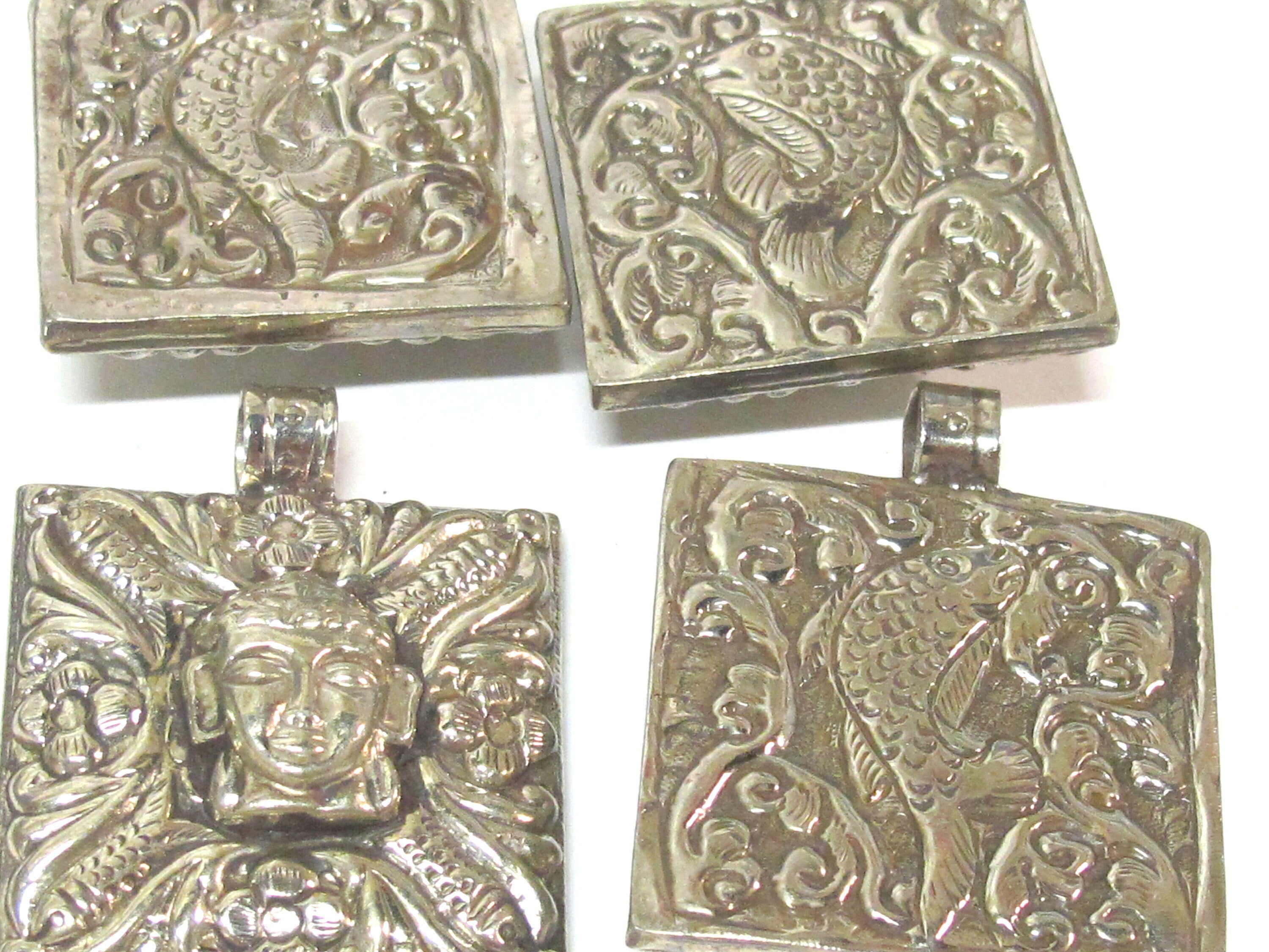 1 pendant - Tibetan silver square shape Buddha pendant with fish symbol design carved on other side - PM588D