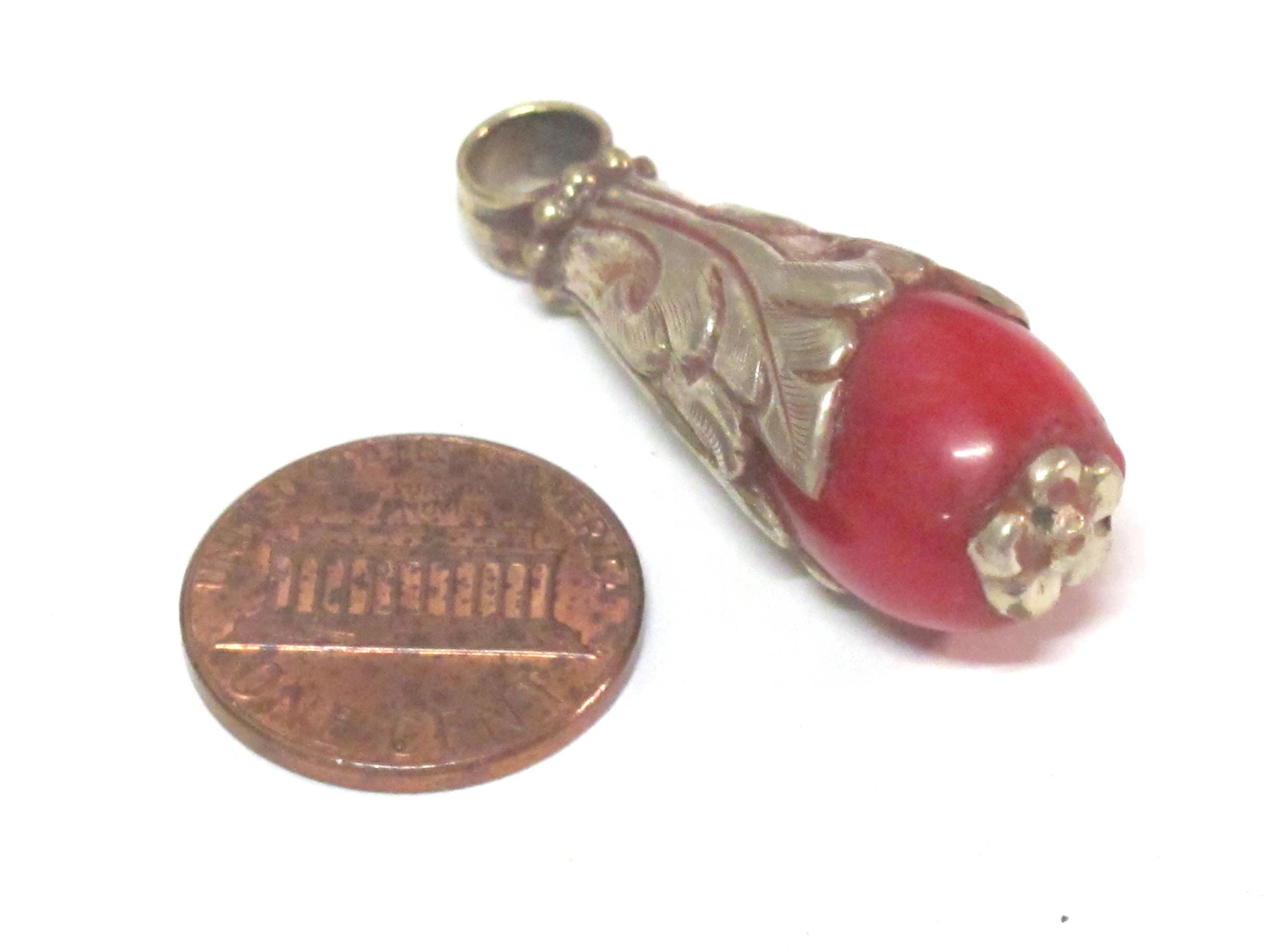 1 Pendant - Small medium sized Tibetan silver dyed coral drop pendant with floral design bail - PM592