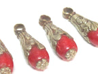1 Pendant - Small medium sized Tibetan silver dyed coral drop pendant with floral design bail - PM592