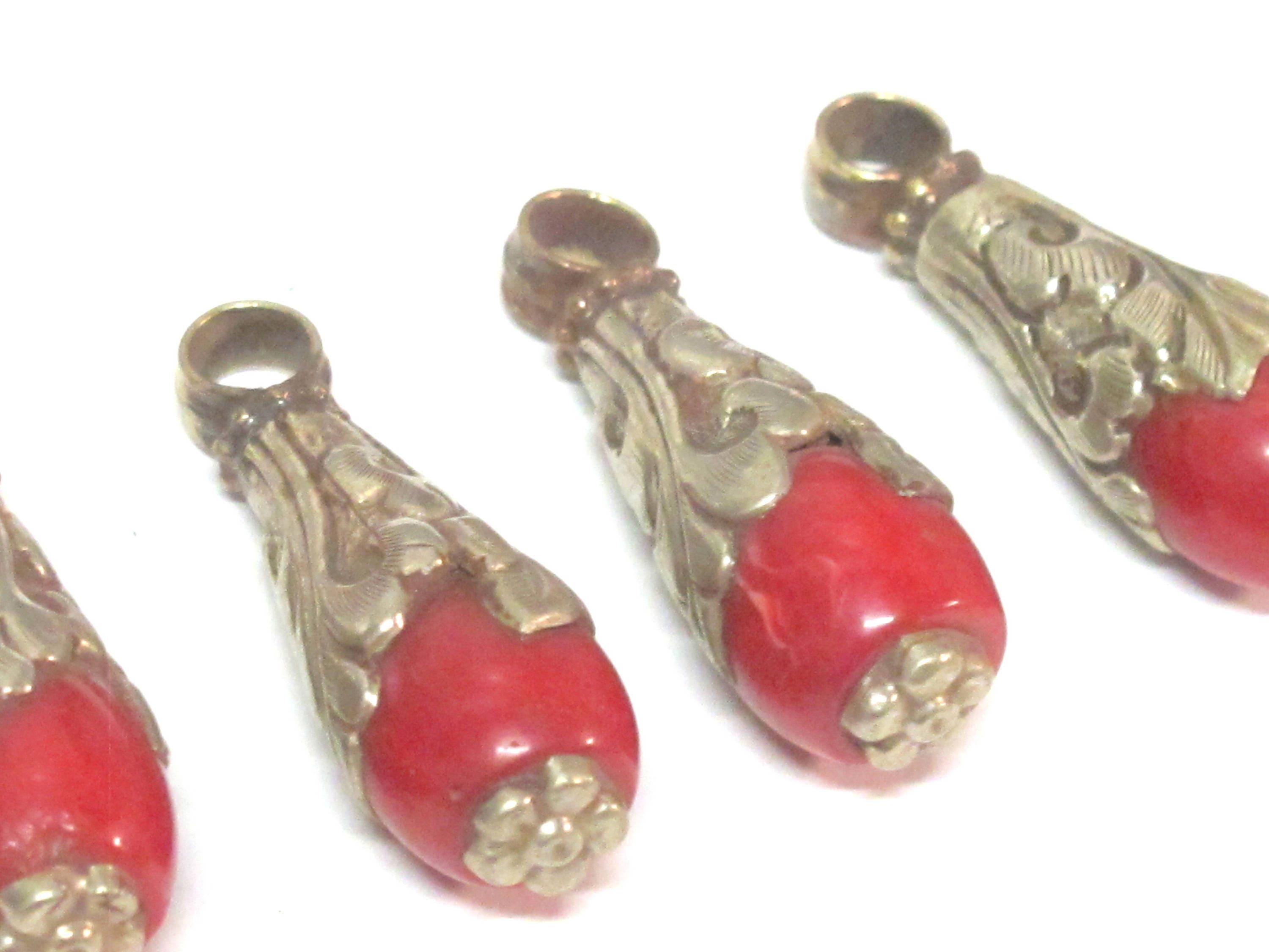 1 Pendant - Small medium sized Tibetan silver dyed coral drop pendant with floral design bail - PM592