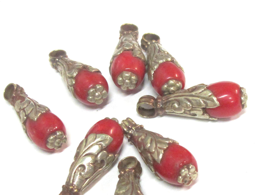 1 Pendant - Small medium sized Tibetan silver dyed coral drop pendant with floral design bail - PM592