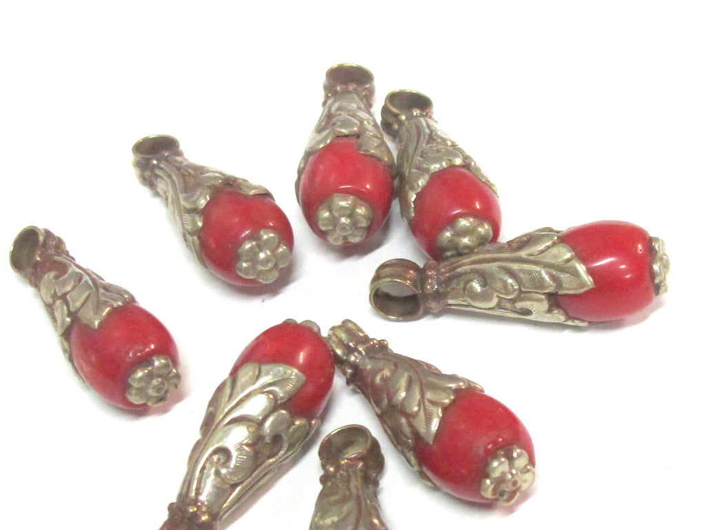 1 Pendant - Small medium sized Tibetan silver dyed coral drop pendant with floral design bail - PM592